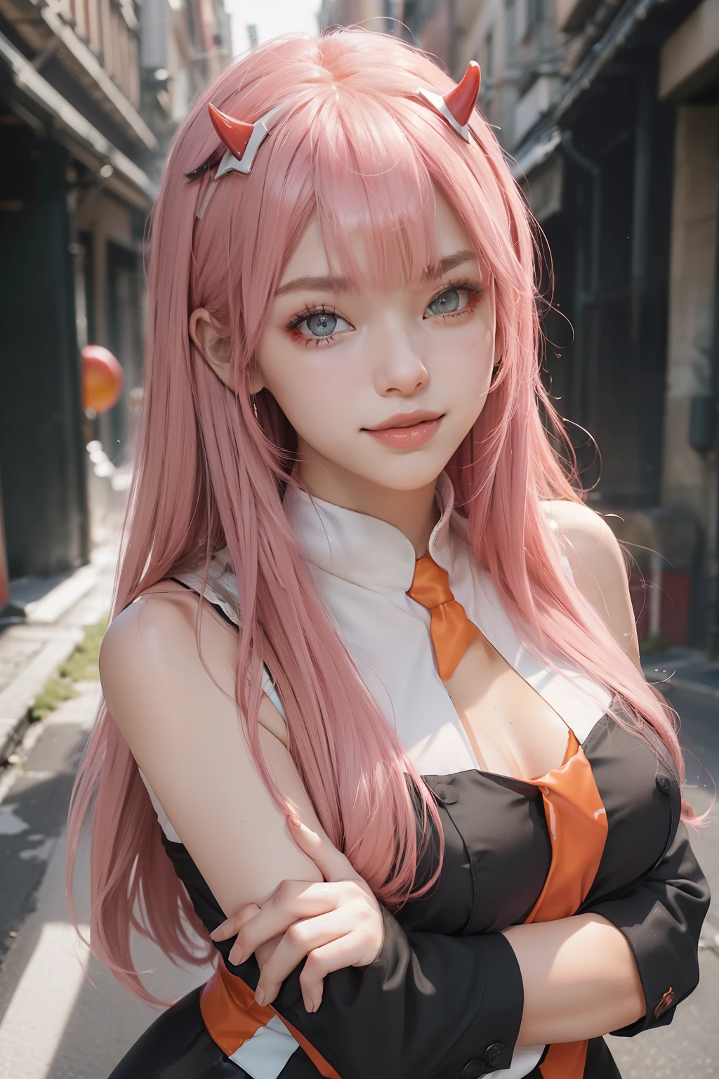 4k, raw camera, highres, masterpiece, portrait, aesthetic, beautiful, best quality, highly detaile, best quality clothing, aesthetic clothings, professional angle, rule of thirds, Feminine, delicate, beautiful, 19 years, attractive, solo, 1 girl, (Zero Two), (In an alley), (Upper Body, Close Up), ((From Looking at Viewer)), (Low Lighting), ((Smiling)), (Long Hair, Pink Hair, Very Straight Hair, Bangs, Blunt Bangs Hair, Little Red Oni Horns in hair), (Open Eyes, Aqua Eyes, DarkPink Eyeliner in Eyes, Very Cheerful Gaze), Soft Skin, (-), ((Standing, (Leaning Forward), Straight-On)), Beautiful Teeth, Perfect Teeth, White HairBand, (Half Open Mouth), (Natural Lips), (Medium Breast), ((Arms Behind Back, Hands Behind Back)), (Red Military Uniform, Full Black Tights, Necktie, Orange Necktie, Opaque Clothing, High Quality Clothing), (No Neckline), beautiful body, beautiful eyes, shiny eyes, shiny hair, beautiful mouth, beautiful lips, beautiful face, hd, matt suit