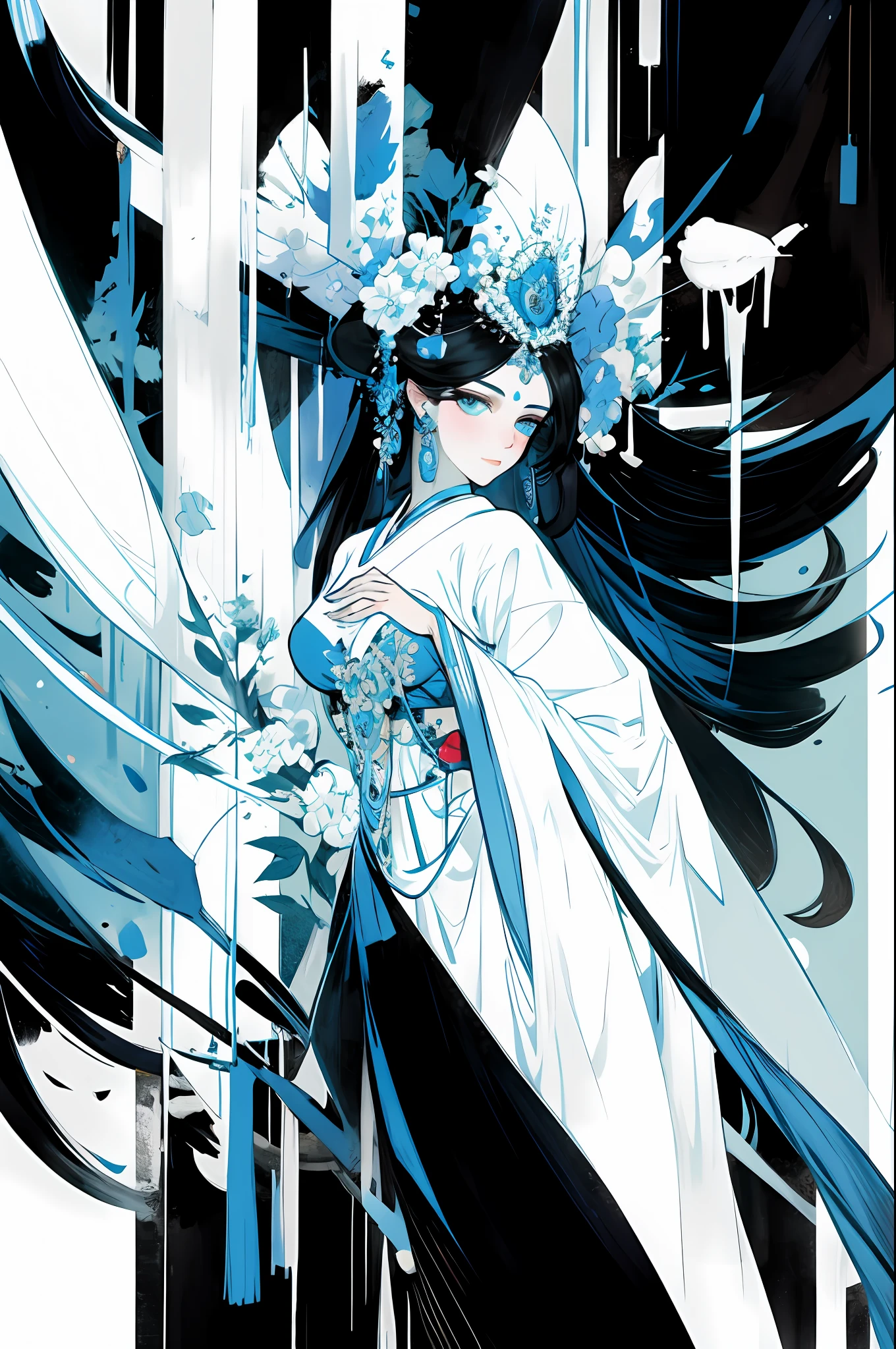 （Beautiful girl dressed in white，Sit on a large branch），Full body standing painting，Wide sleeves，watery big eyes，Beautiful face and smooth fair skin，s delicate face，cabelos preto e longos，An ancient Chinese beauty，wearing ancient Chinese costume，gossamer，Colorful，Vivid and bright colors，Vibrant digital illustration，（clean backdrop），Ink painting style，Clean colors，Decisive cut，A white space，tmasterpiece， Ultra-delicate，Epic composition，high high quality，HighestQuali，4K