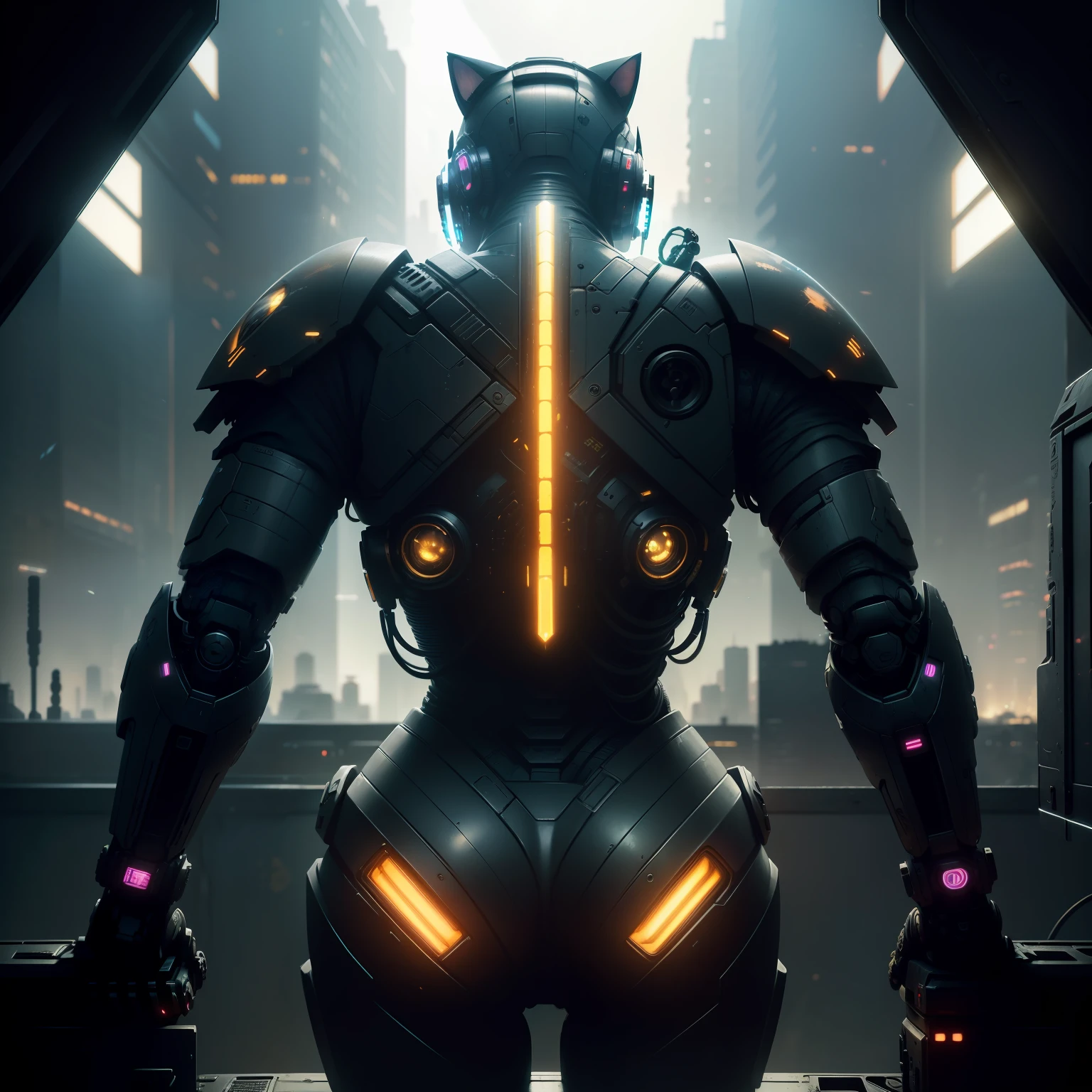 A cute cat as a doomsday killer, realistic scifi cyberpunk power armor robot, Close-up portrait cinematic, 8K, hdr, ((Intricate details, ultra - detailed)), (The light from the back window is backlighted:1.3), (Cinematic:1.3), (art  stations:1.3)