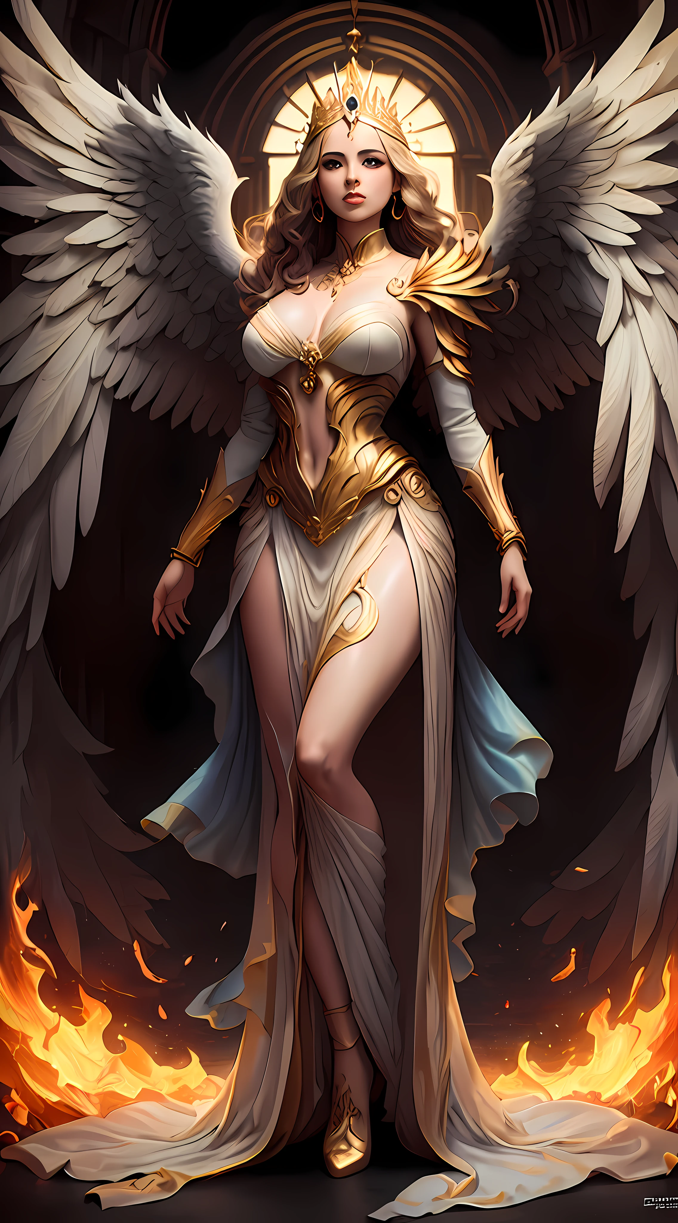 Pintura de una mujer con alas y un halo parada frente a un fuego, con ardientes alas doradas de llamas, Diosa del Fuego, Diosa de la ira, con ardientes alas doradas, aparece como la diosa del fuego, Arte del hechizo del fuego sagrado, tall female angel, Diosa del Fuego, full - body majestic angel, Diosa de la Luz, Artgerm Julie Bell Beeple, Hechizo de llama sagrada, Vibrant color palette game and super intricate great shadows, pintura mate, minuciosamente detallado, fino y delicadamente detallado, motor irreal delicadamente detallado con octanaje intrincado, fondo detallado en microminutos, complejidades 3D realzadas, Perfect and super detailed 8K composition, regla de los tercios, motionVFX, Sony Pictures Animation, The Foundry VFX, inmensamente perfecto, perfectamente detallado, intrincadamente definido, definitivamente real, Verdaderamente realista, Realistically epic, por Satori Canton, photography by alberto seveso