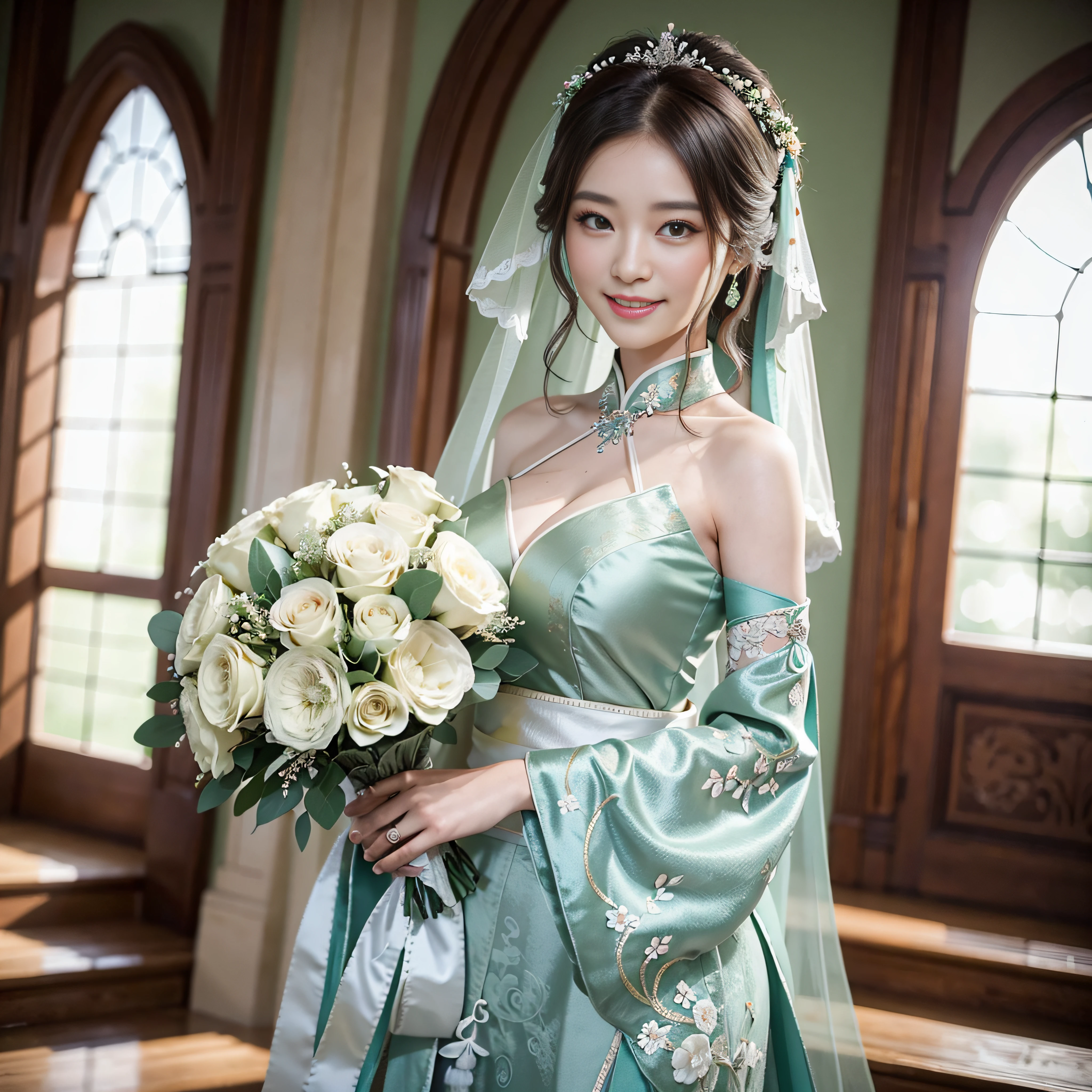 Woman in pale green prom dress with bouquet of flowers, Photograph Taken on Nikon D750, Photo taken with Nikon D 7 5 0, beautiful Korean women, pale green wedding dresses,Silk Fabric,luxury fabrics,Wedding dress with fine embroidery, chinese princess, Korean female, Beautiful young Korean woman, Colossal tits,large full breasts,wedding photos, Korean Girl,Happy smile, professional wedding photography, palatial palace , a girl in hanfu