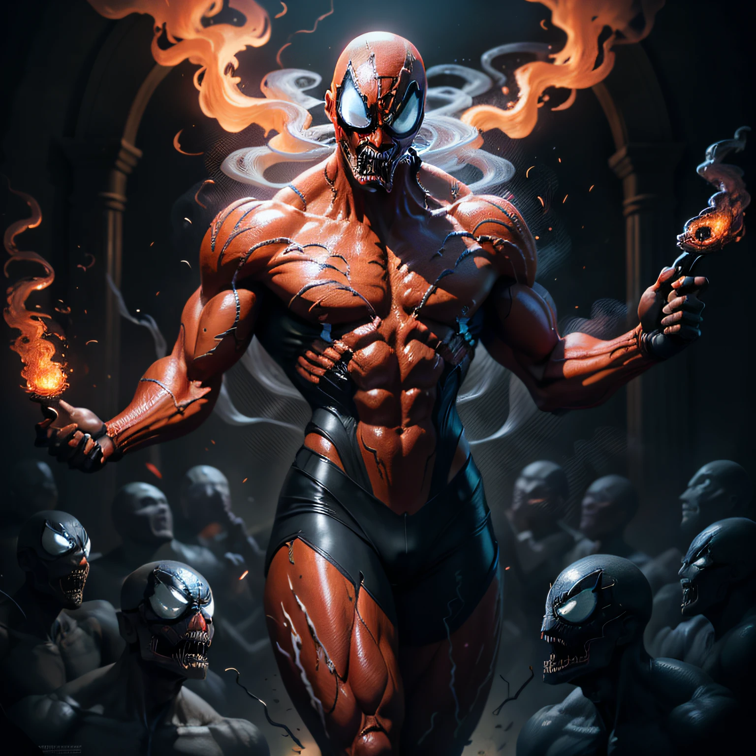 "A fiery agile humanoid entity with intense and intimidating eyes, infected with (Carnage Marvel character) + symbiote, intimidating sharp teeth and snake like tongue, eldrich horror, inspired by Todd Mcfairlane comics' artwork, full body render, showcasing masterpiece smoke and fire effects."