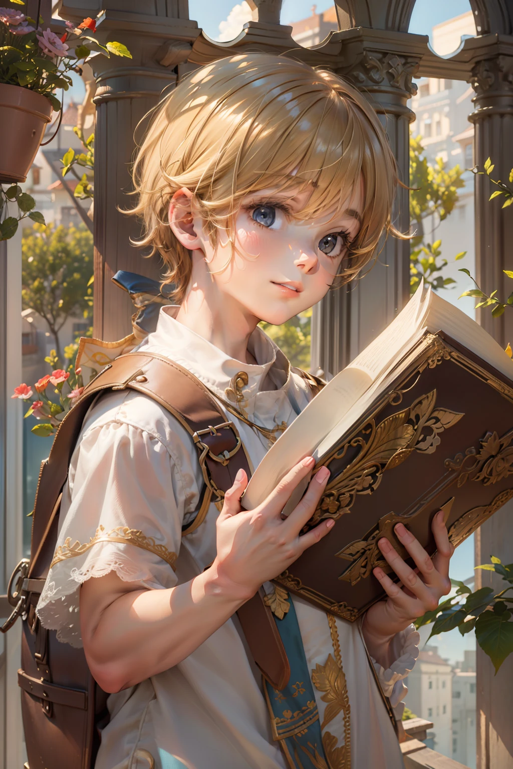 Peaceful and joyful boy holding a Bible,Grow on the balcony,Gaze out at the natural scenery in the distance