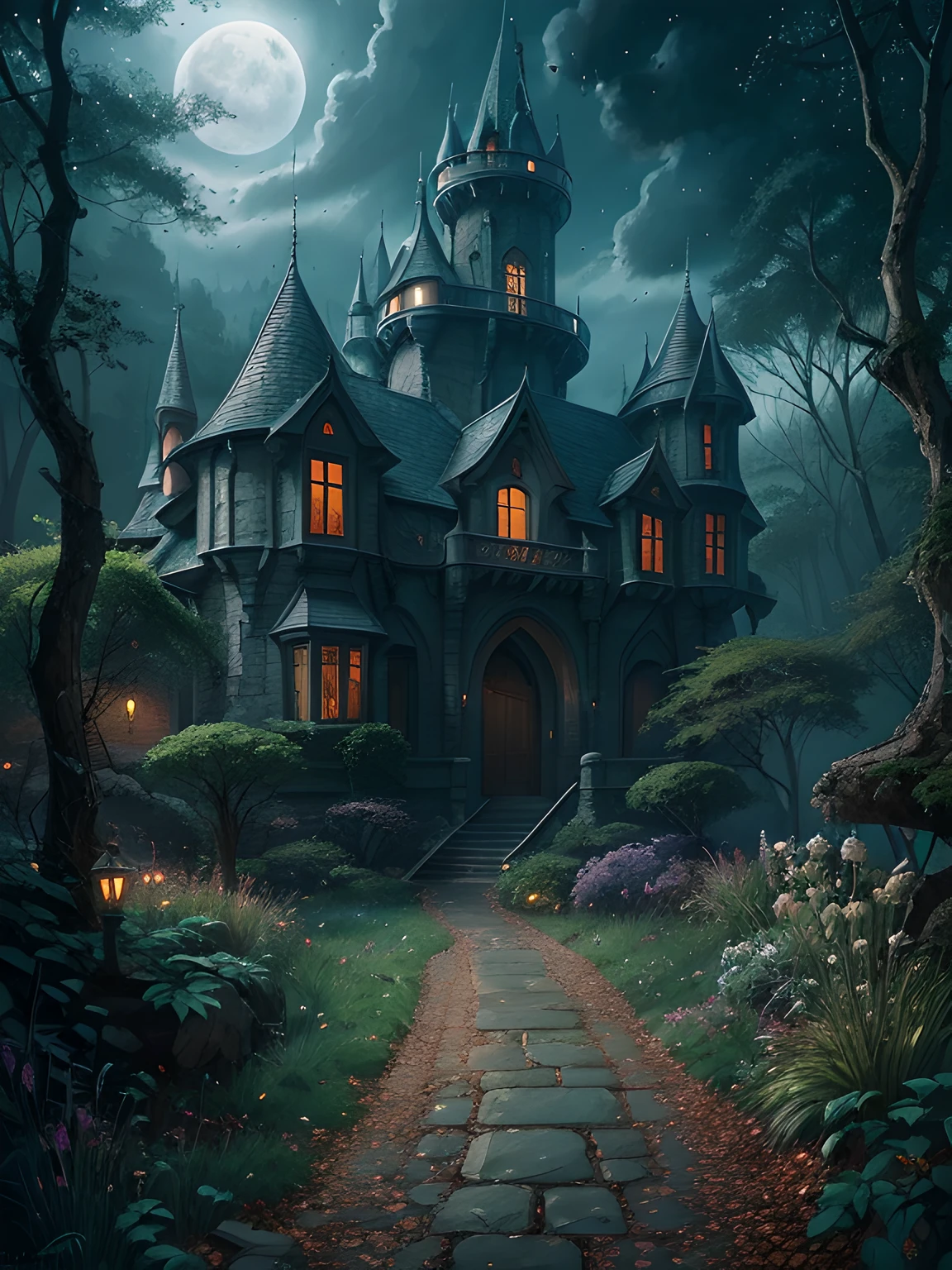 Amidst a mystical forest blanketed in twilight, a sprawling dark castle stands in all its otherworldly glory. Ancient, gnarled trees enshroud the castle, giving it an ethereal and enchanted ambiance. Strange, luminescent flora illuminates the path leading to the castle gate, where mythical creatures seem to guard the entrance. Enchanting, mystical, surreal, magical, intricate, atmospheric, highly detailed, sharp focus, moonlit, dreamlike, fantasy, whimsical. Art by Ruan Jia, Mandy Jurgens, and Artgerm. Fantasy illustration, dreamy landscapes, and digital art. Highly detailed digital illustration, sharp focus, unreal engine 5, concept art.