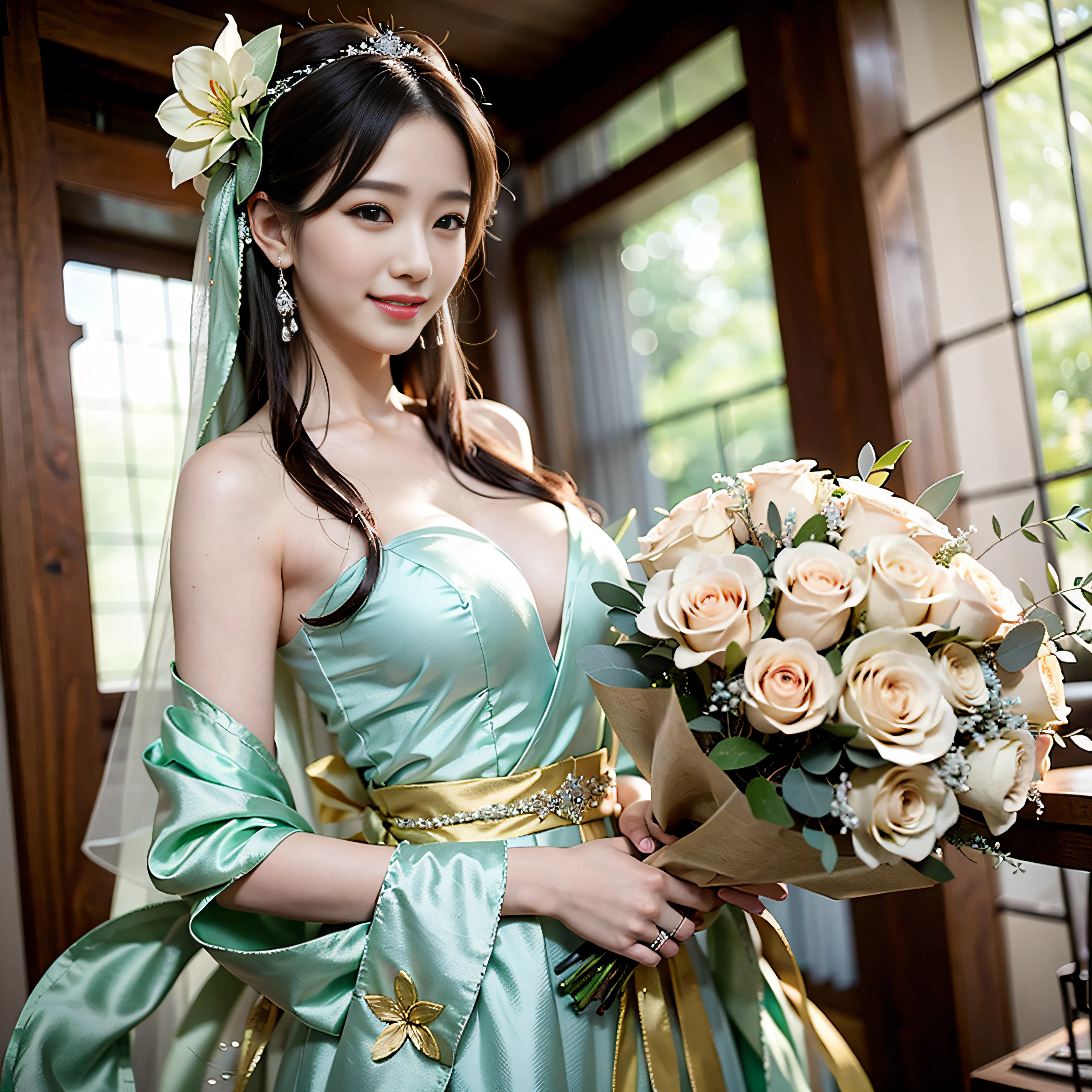 Woman in pale green prom dress with bouquet of flowers, Photograph Taken on Nikon D750, Photo taken with Nikon D 7 5 0, beautiful Korean women, pale green wedding dresses,Silk Fabric,luxury fabrics,Wedding dress with fine embroidery, chinese princess, Korean female, Beautiful young Korean woman, Colossal tits,large full breasts,wedding photos, Korean Girl,Happy smile, professional wedding photography, palatial palace , a girl in hanfu