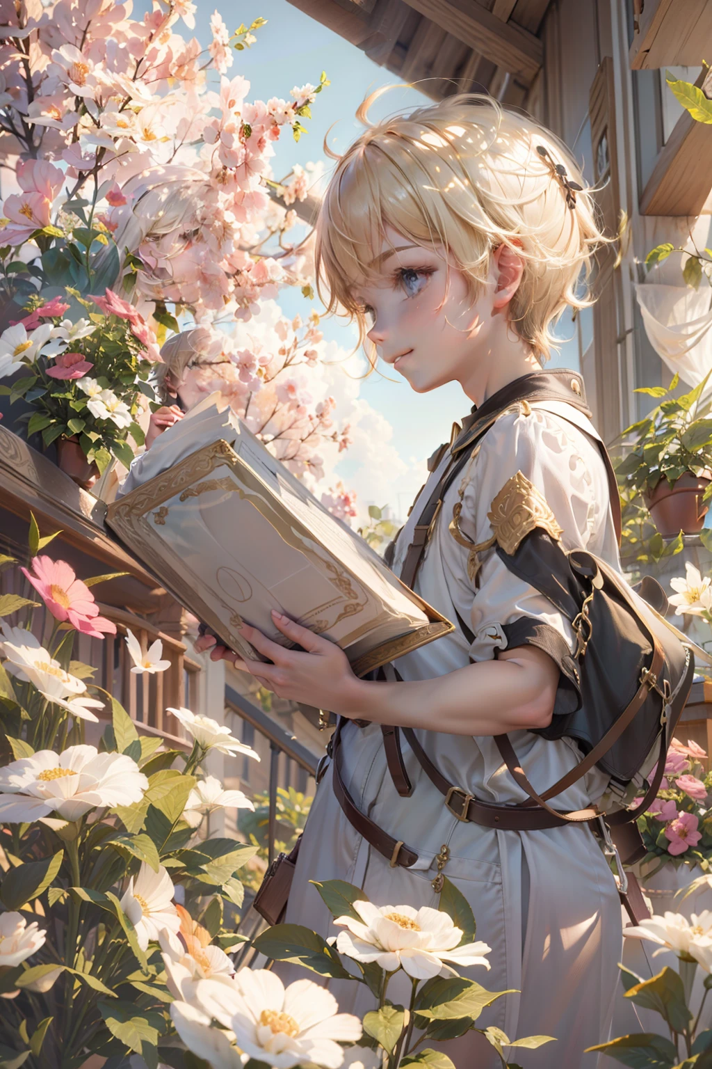 Peace and happy boy holding Bible，Growing on the balcony，Gaze at nature in the distance