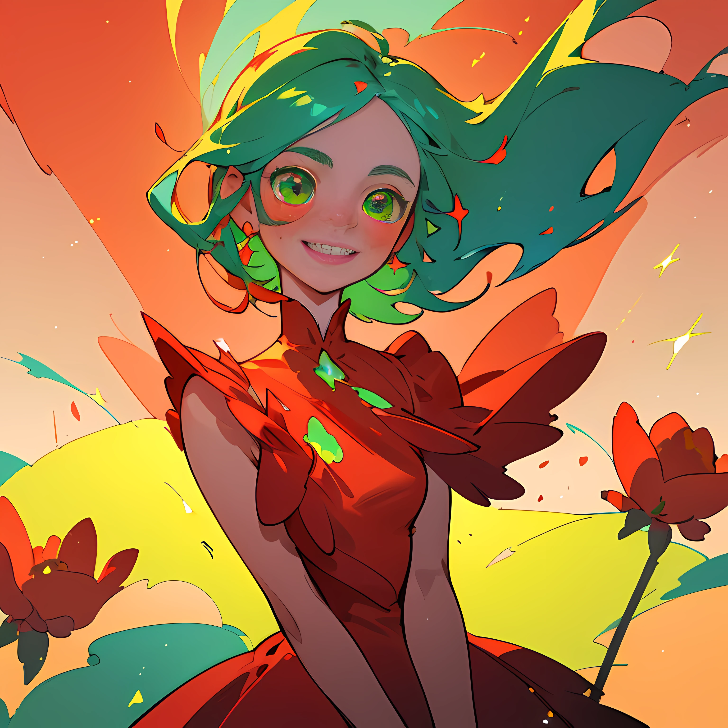 (Best quality, masterpiece) 1girl, desert, glitter, flowing red dress, particles, gentle breeze, blooming red flowers, focused on upper body, green background, green eye, bleu hair, smile