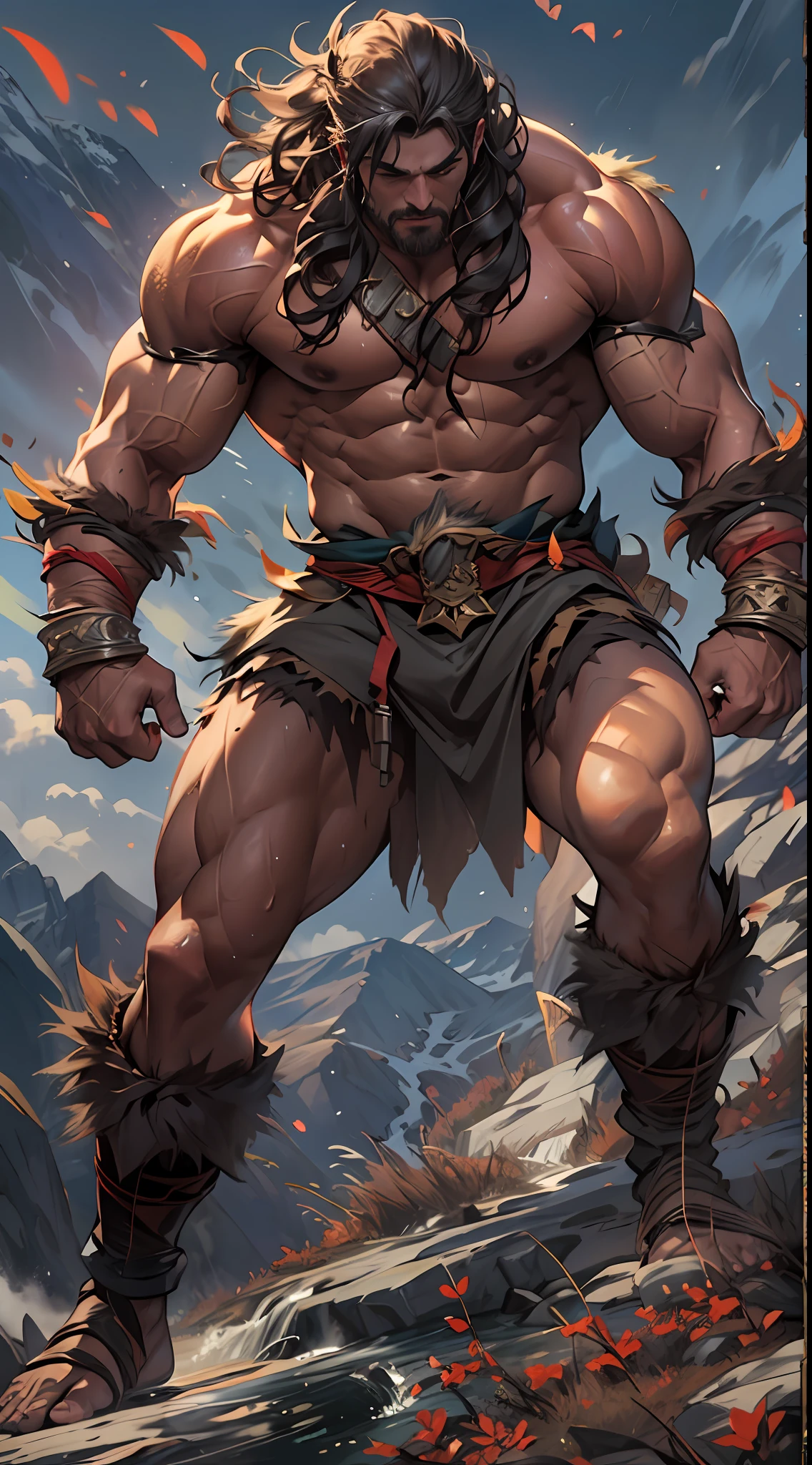 Muscular barbarian, upper body unclothed, legs uncovered from thighs to feet, flowing long curls, detailed muscular physique, lifelike representation, 4K resolution. Background: Wild untamed wilderness with rugged mountains,32k uhd, best quality, masterpiece, super detail, high details