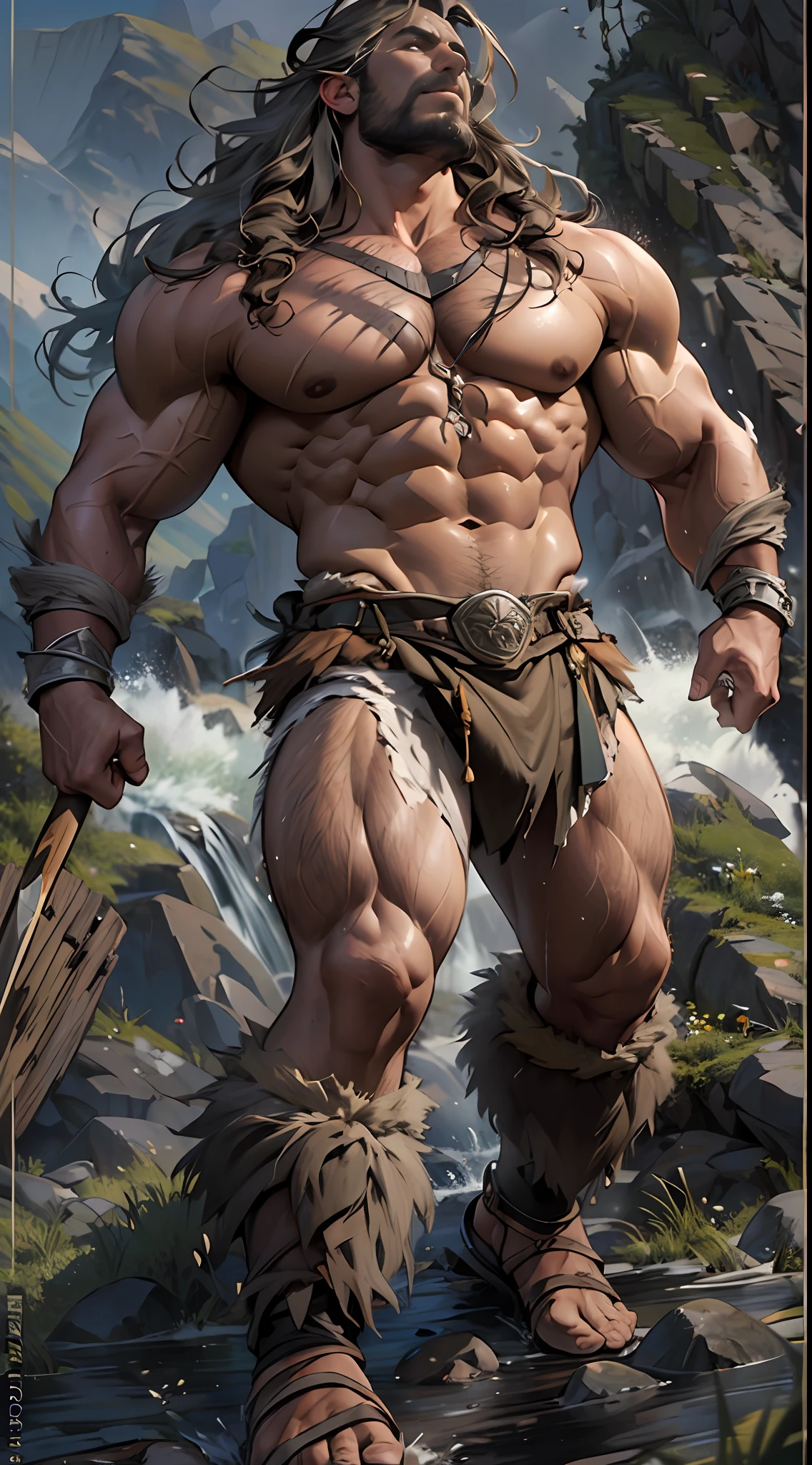 Muscular barbarian, upper body unclothed, legs uncovered from thighs to feet, flowing long curls, detailed muscular physique, lifelike representation, 4K resolution. Background: Wild untamed wilderness with rugged mountains,32k uhd, best quality, masterpiece, super detail, high details