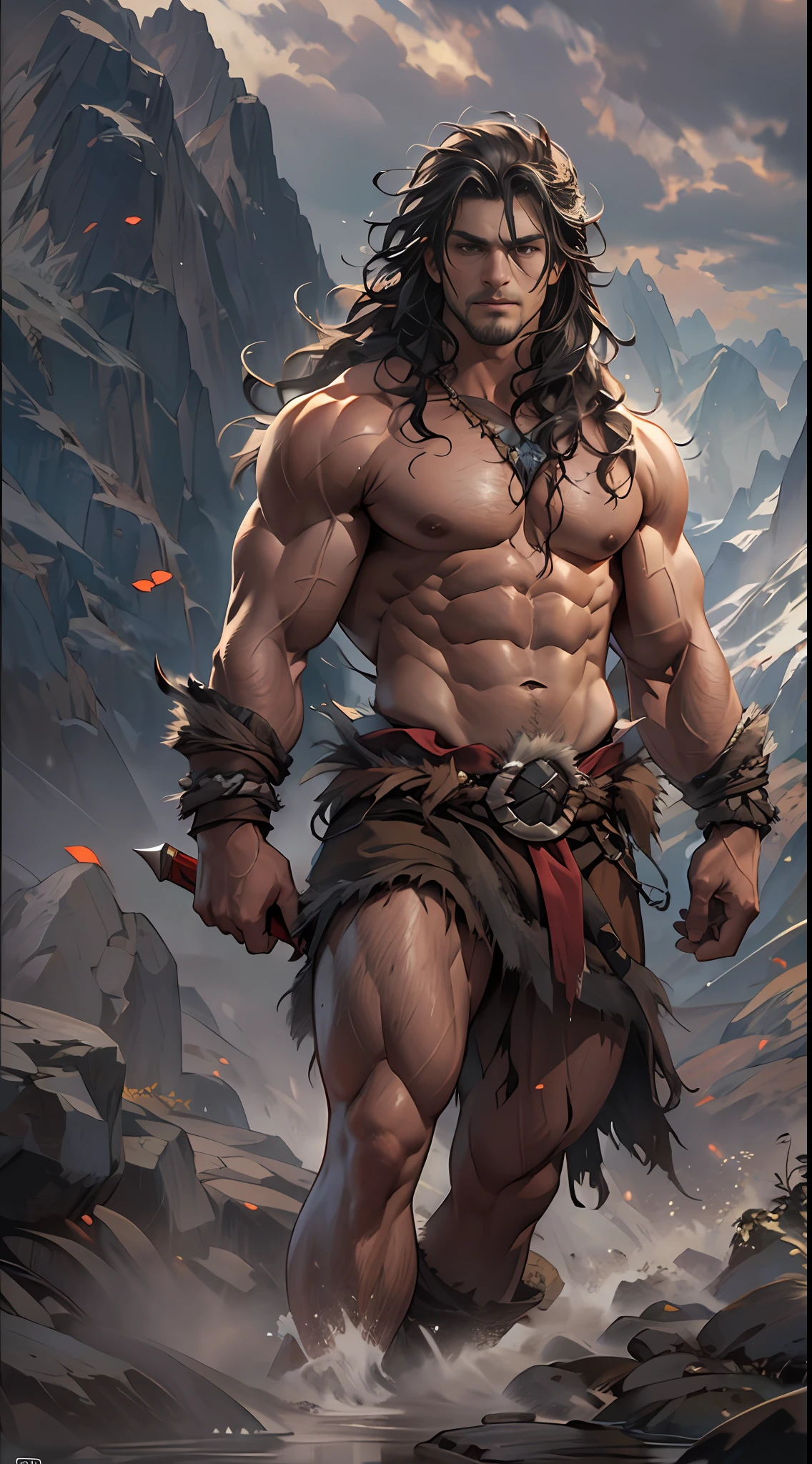 Muscular barbarian, upper body unclothed, legs uncovered from thighs to feet, flowing long curls, detailed muscular physique, lifelike representation, 4K resolution. Background: Wild untamed wilderness with rugged mountains,32k uhd, best quality, masterpiece, super detail, high details