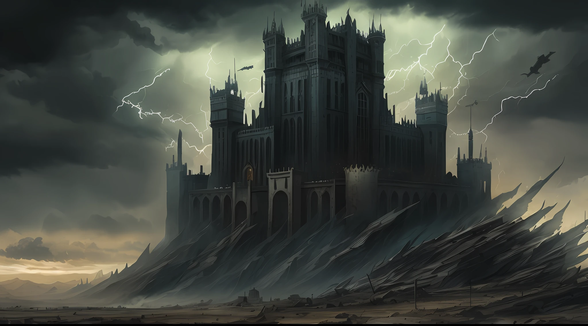 In a distant dystopian future, a massive dark castle stands as a symbol of oppression, situated on a desolate and barren landscape, surrounded by a toxic wasteland and polluted skies, ominous thunderstorms loom overhead, adding to the eerie atmosphere, Illustration, using a blend of traditional painting techniques and digital enhancements