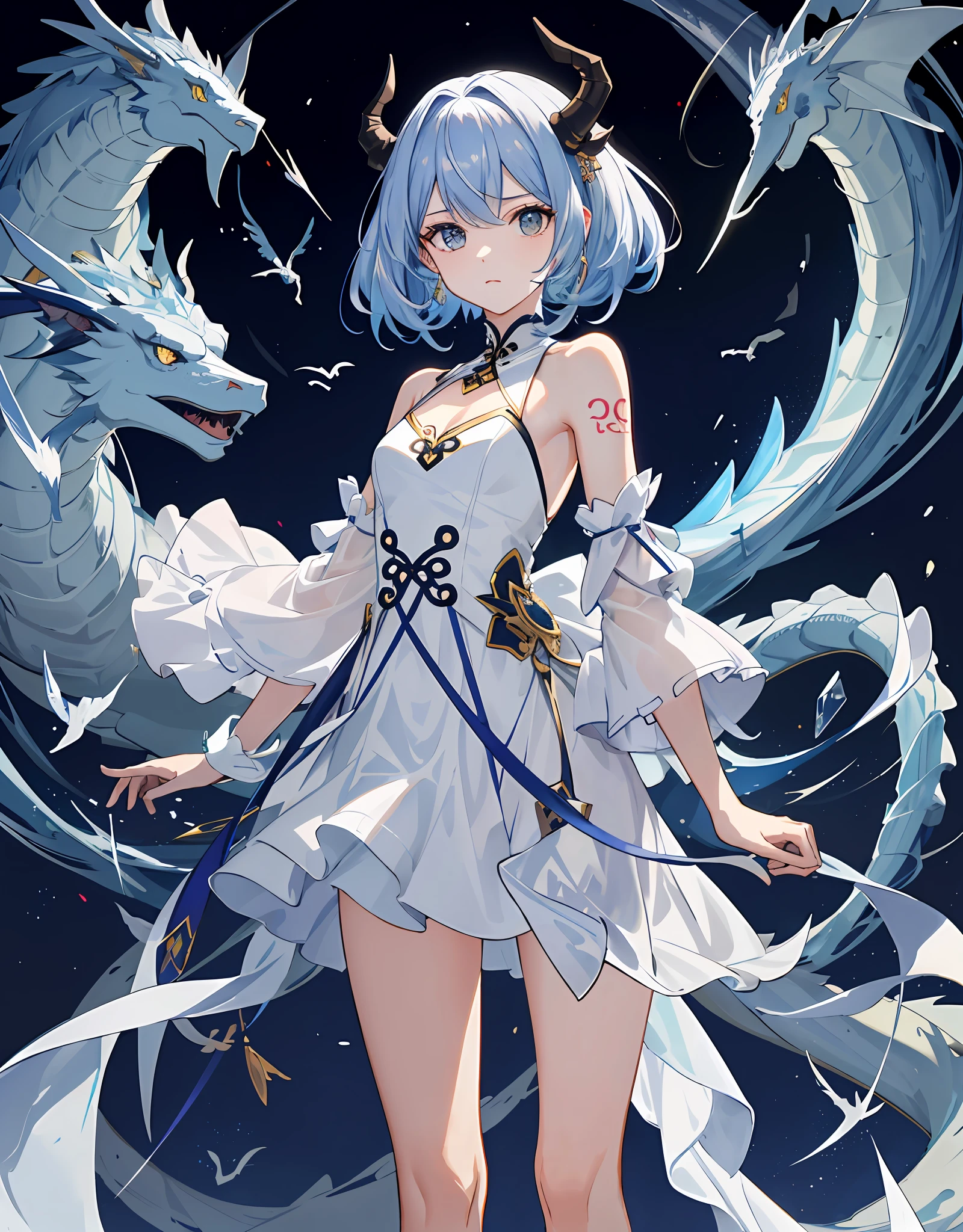 tmasterpiece,Need,absurderes,perfectanatomy,standing on your feet,1girll,独奏,Arm tattoos,Bare shoulders,无袖,shift dresses,Dragon girl,Dragon's horn,jewely,coda,Close-up
