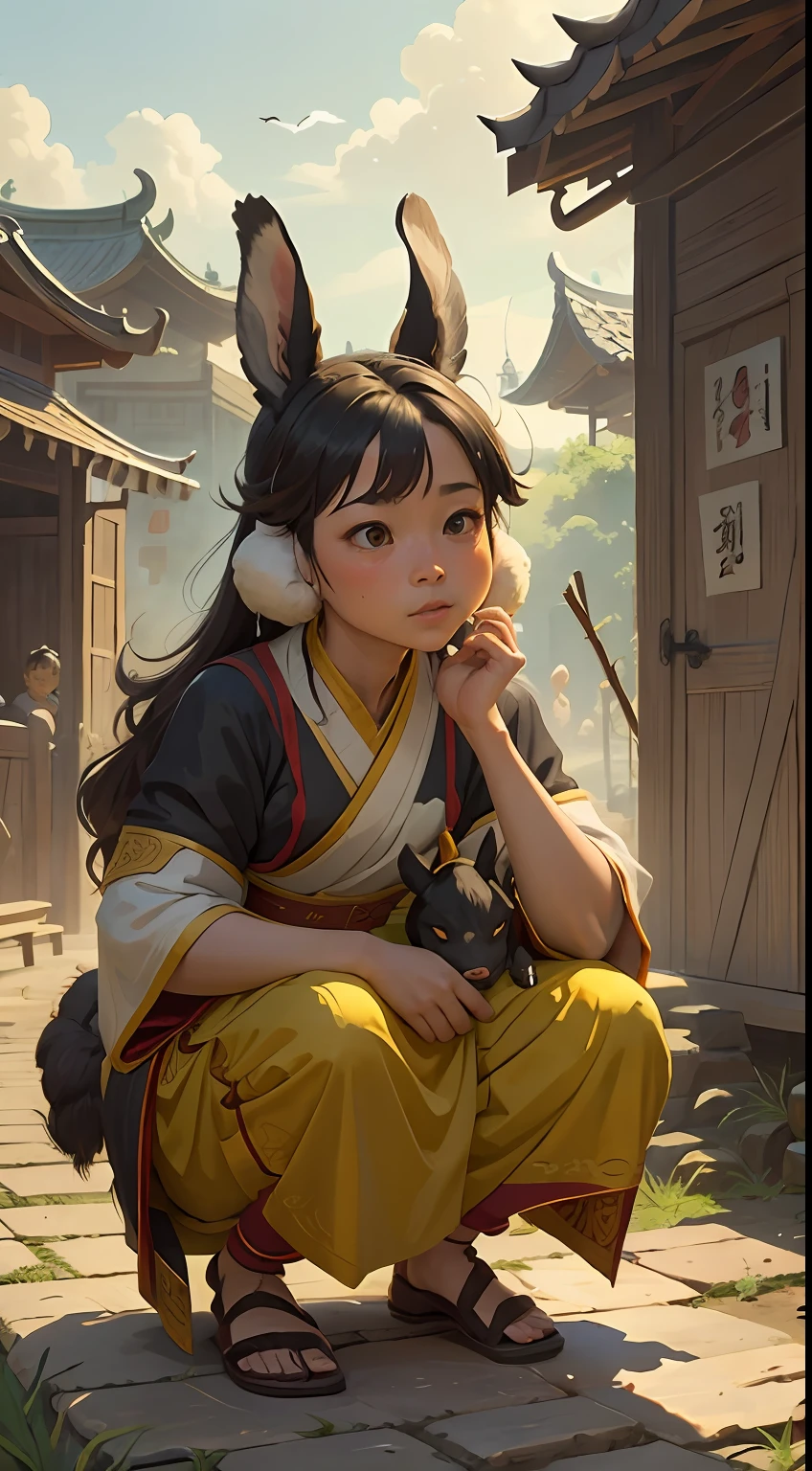 The Rakshasa Kingdom is 26,000 miles to the east
Over the Sea of Scorch，Traverse three inches of yellow mud
Only one river runs through the hills
The river flows through the town of Guogouying
There is a head of household in the town named Mahu
There is a woman in the field of ten miles of flowers
She has two ears that fall down to her shoulders, and her nose has three nostrils
Squat in the nest like a chicken every day
She considered herself a chicken for most of her life
Mado did not know that he was a donkey
The bird does not know that he is a chicken
The hook bar is always elegant
Since ancient times, The father-in-law has a good reputation，（Outdoor view：1.5），（Describe the ancient bazaar scene），((A black donkey))，A woman who looks like an old hen，((A few chicks))，Downtown，Ancient architecture，（tmasterpiece），（Best picture quality），（Very detailed and uniform picture），（8k wallpaper），（Chinese folk style painting），（Watercolor style painting），（light and shadow effect），The creation is inspired by Pu Songling's《Rakshasa Sea City》
