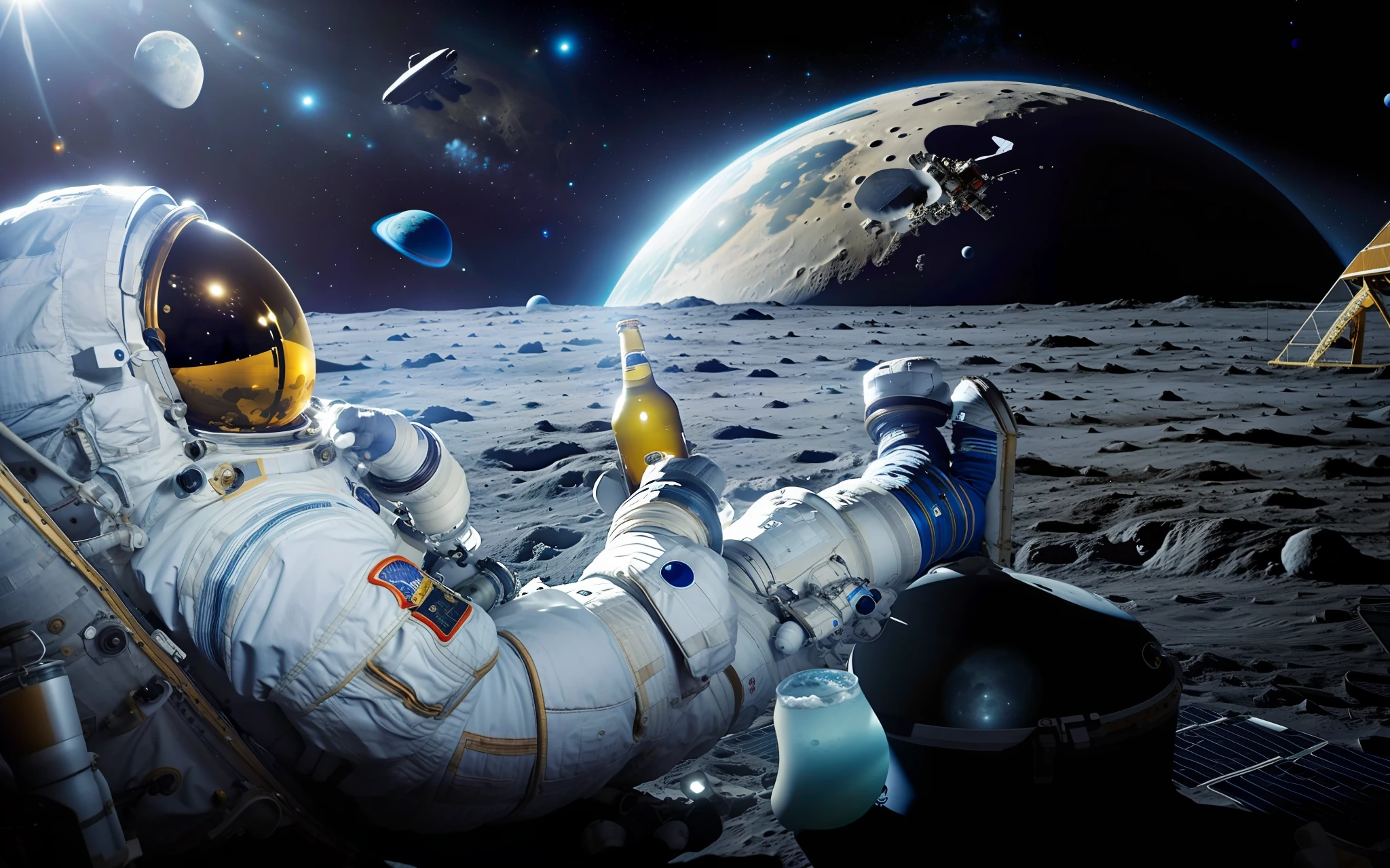 Astronaut sitting on the moon with beer in hand, Astronaut resting in space, On the Moon, On the Moon, Desktop wallpapers - 1 0 2 4, sitting on the moon, Astronaut on the Moon, Liminal space in outer space!!!, Drift in space, creative photo manipulation, On the surface of the moon, Gas station in space, photo manipulation, beer advertisement