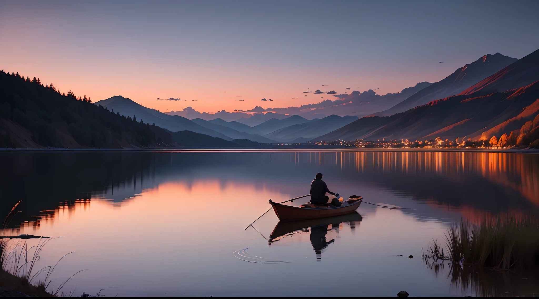Dusk time,Brilliant colors,Vast lake,A man quietly does fishing on the shore --auto