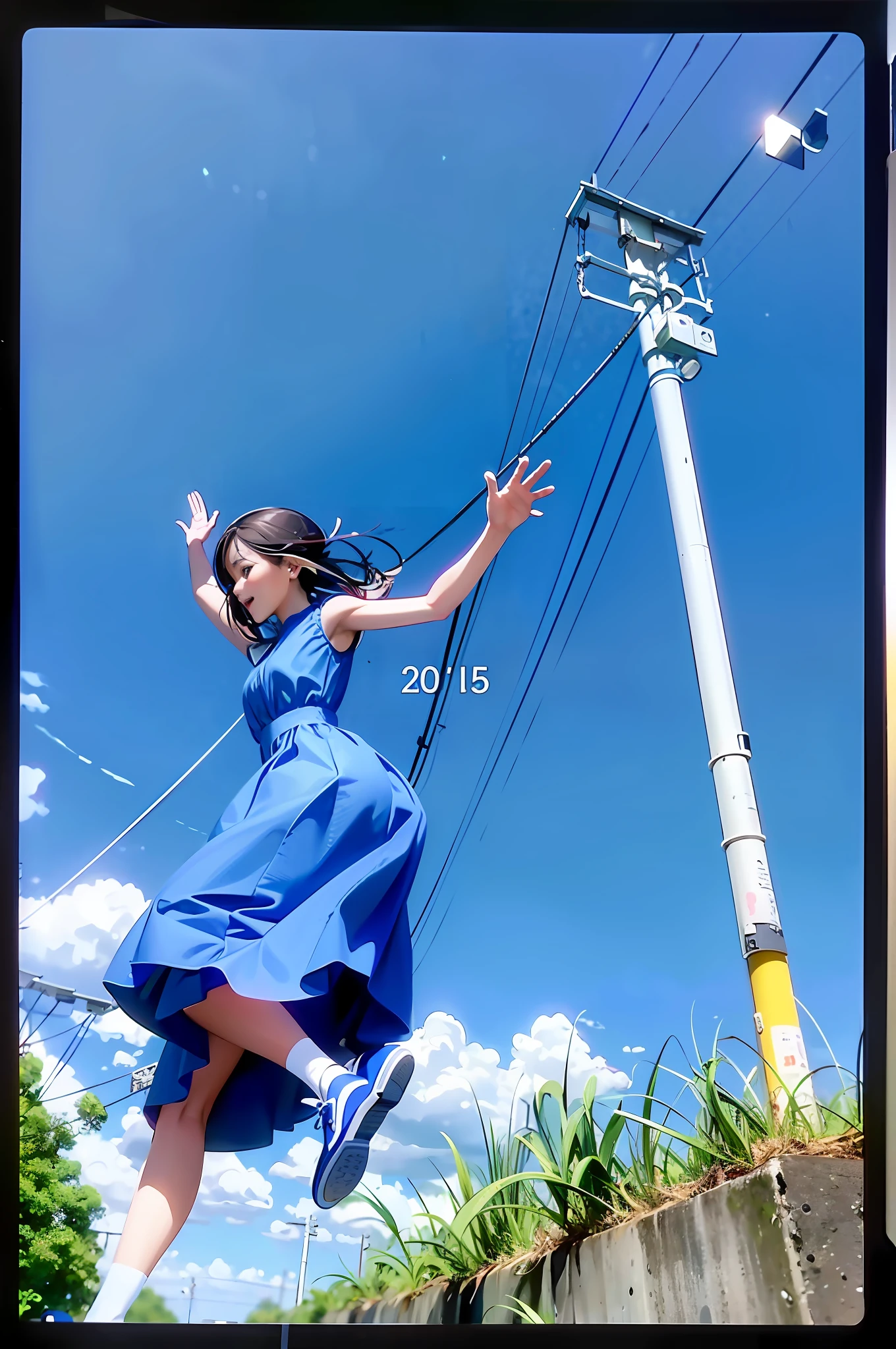 Close-up of a person jumping near a telephone pole, iphone picture, she is floating in the air, photo on iphone, 150 megabytes, 1 5 0 mp, smartphone photography, 2 4 miles/sec, 24mp, very low angle photograph, there is blue sky, Low angle!!!!, album covers!, dynamic blue sky