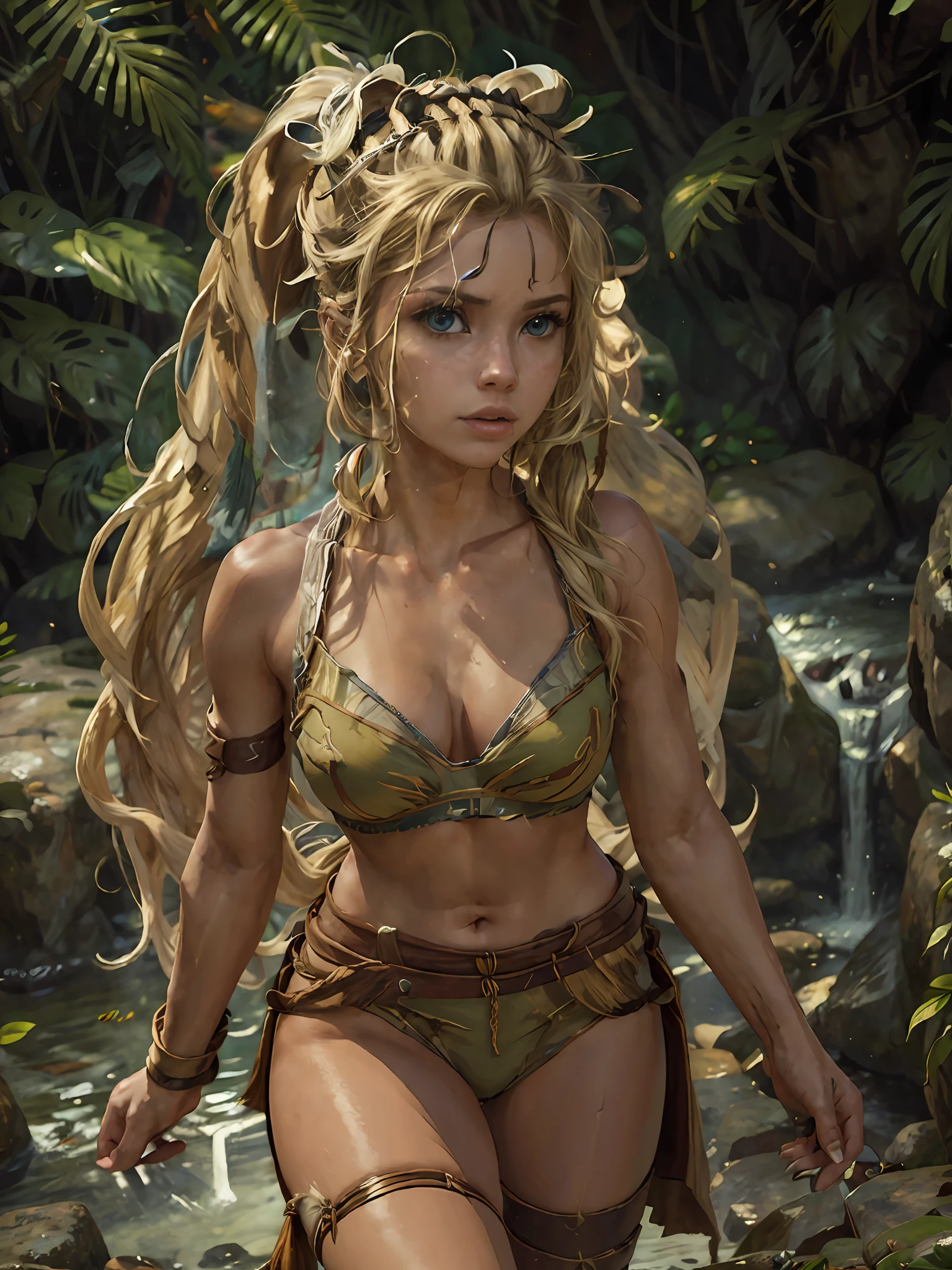 (best quality:1.33), (masterpiece:1.42), (realistic:1.5), (detailed:1.15), 1girl, amazon, adult female, blonde hair, twintails, dressed in a battle loincloth, war paint, waterfall, jungle, intricate