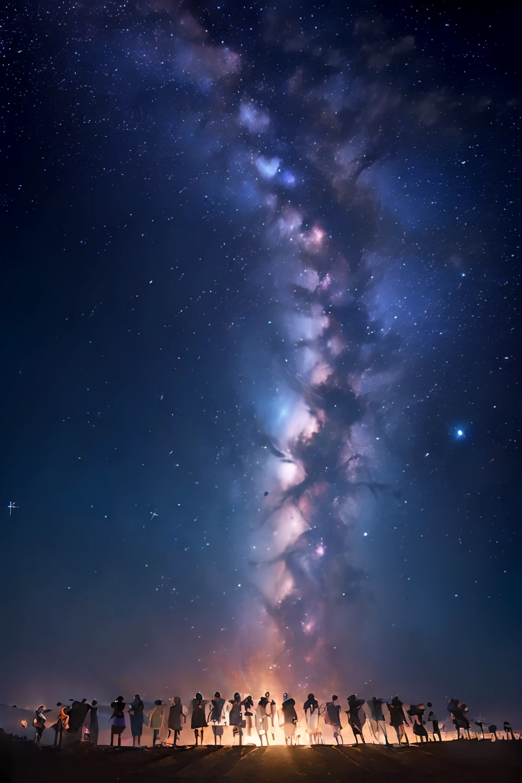 (5 pessoas:2),(3Menina), (2Meninos), Starry sky at night in panoramic view,