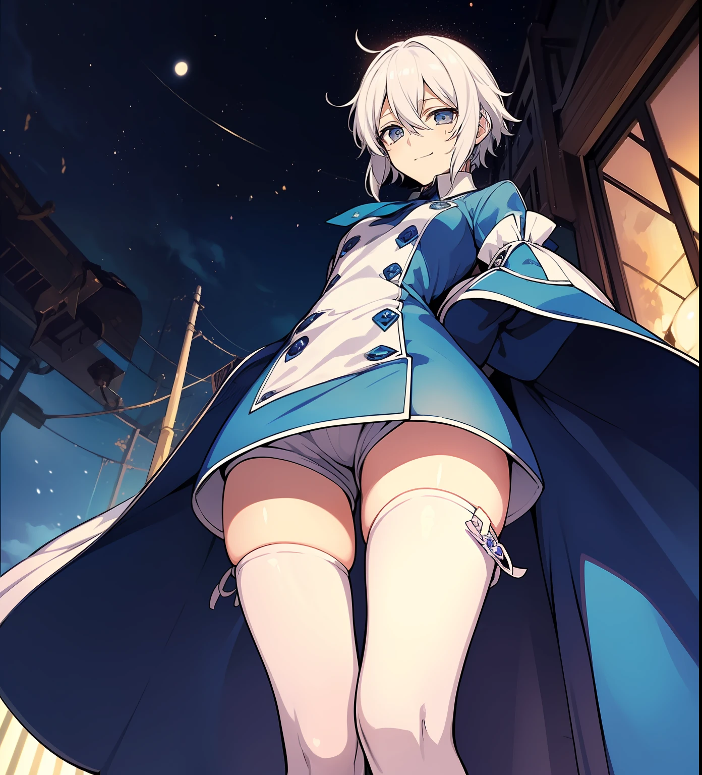 ((((Crotch focus,)))((From below,production art,Best Quality, masutepiece,Solo,1girl in,)) Woman, ((Blue shorts,blush,Smile,splash water,Wet,Crotch,breasts,Sweat,Water, White and navy micro dress,))Dynamic Angle,Looking at Viewer,white short hair, long side bang,Empty eyes,Dark blue eyes,echo(pandora hearts),
