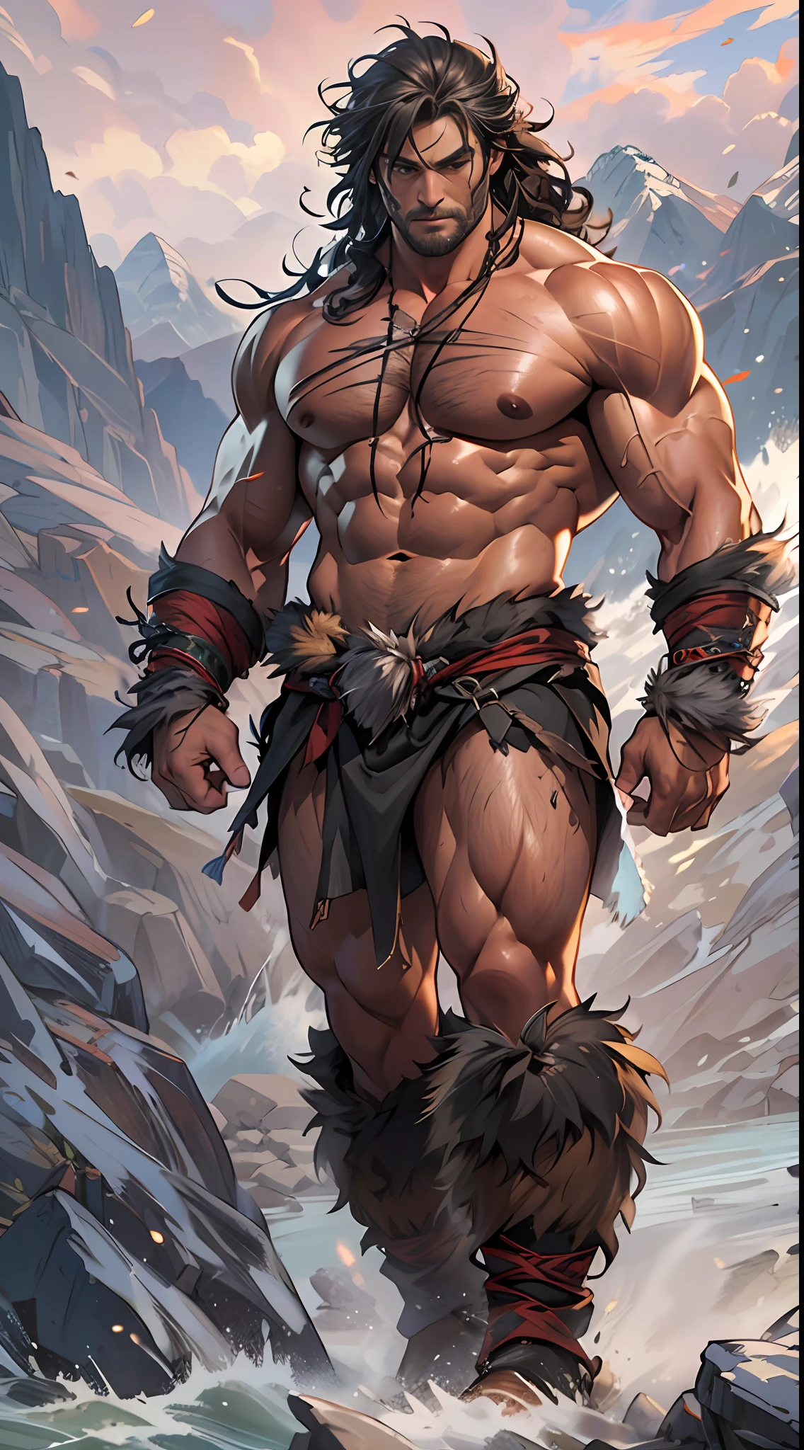 Muscular barbarian, upper body unclothed, legs uncovered from thighs to feet, flowing long curls, detailed muscular physique, lifelike representation, 4K resolution. Background: Wild untamed wilderness with rugged mountains,32k uhd, best quality, masterpiece, super detail, high details