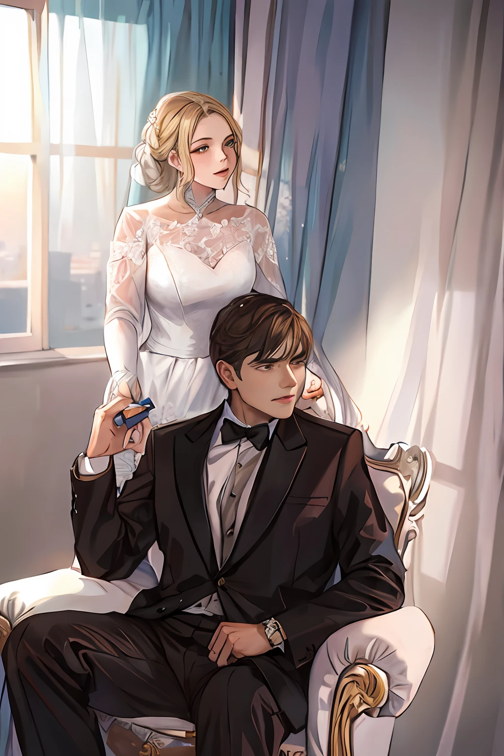 (1girl), (1man), bride and groom sitting on a chair in a room with curtains, an elegant couple, by Maksimilijan Vanka, by Zofia Stryjenska, wedding photo, by John La Gatta, jovana rikalo, by Emma Andijewska, by Hristofor Zhefarovich, by Adam Marczyński
