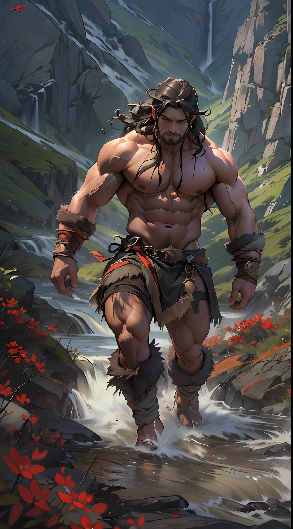 Muscular barbarian, upper body unclothed, legs uncovered from thighs to feet, flowing long curls, detailed muscular physique, lifelike representation, 4K resolution. Background: Wild untamed wilderness with rugged mountains,32k uhd, best quality, masterpiece, super detail, high details