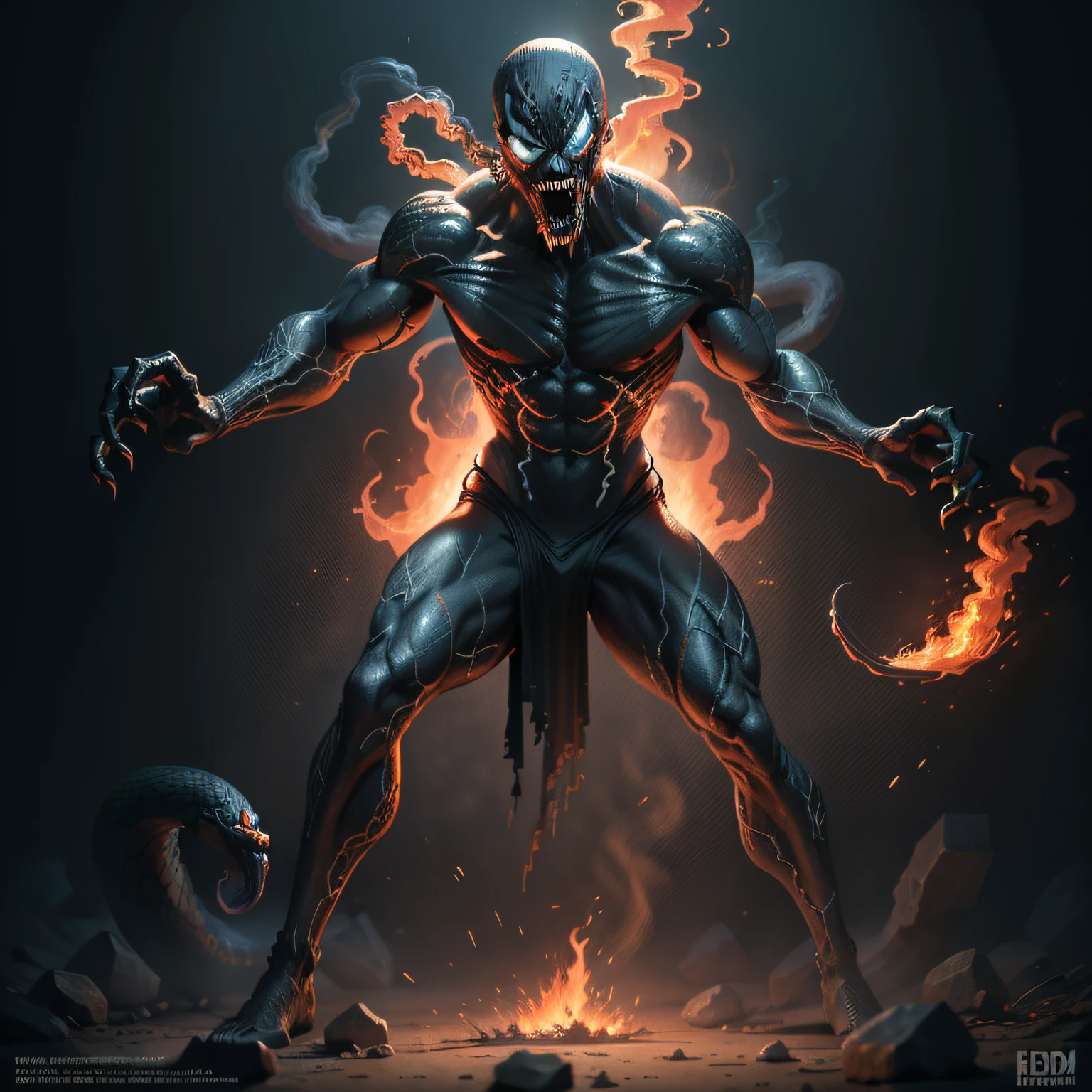 "A fiery agile humanoid entity with intense and intimidating eyes, infected with venom symbiote, intimidating sharp teeth and snake like tongue, eldrich horror, inspired by Todd Mcfairlane comics' artwork, full body render, showcasing masterpiece smoke and fire effects."