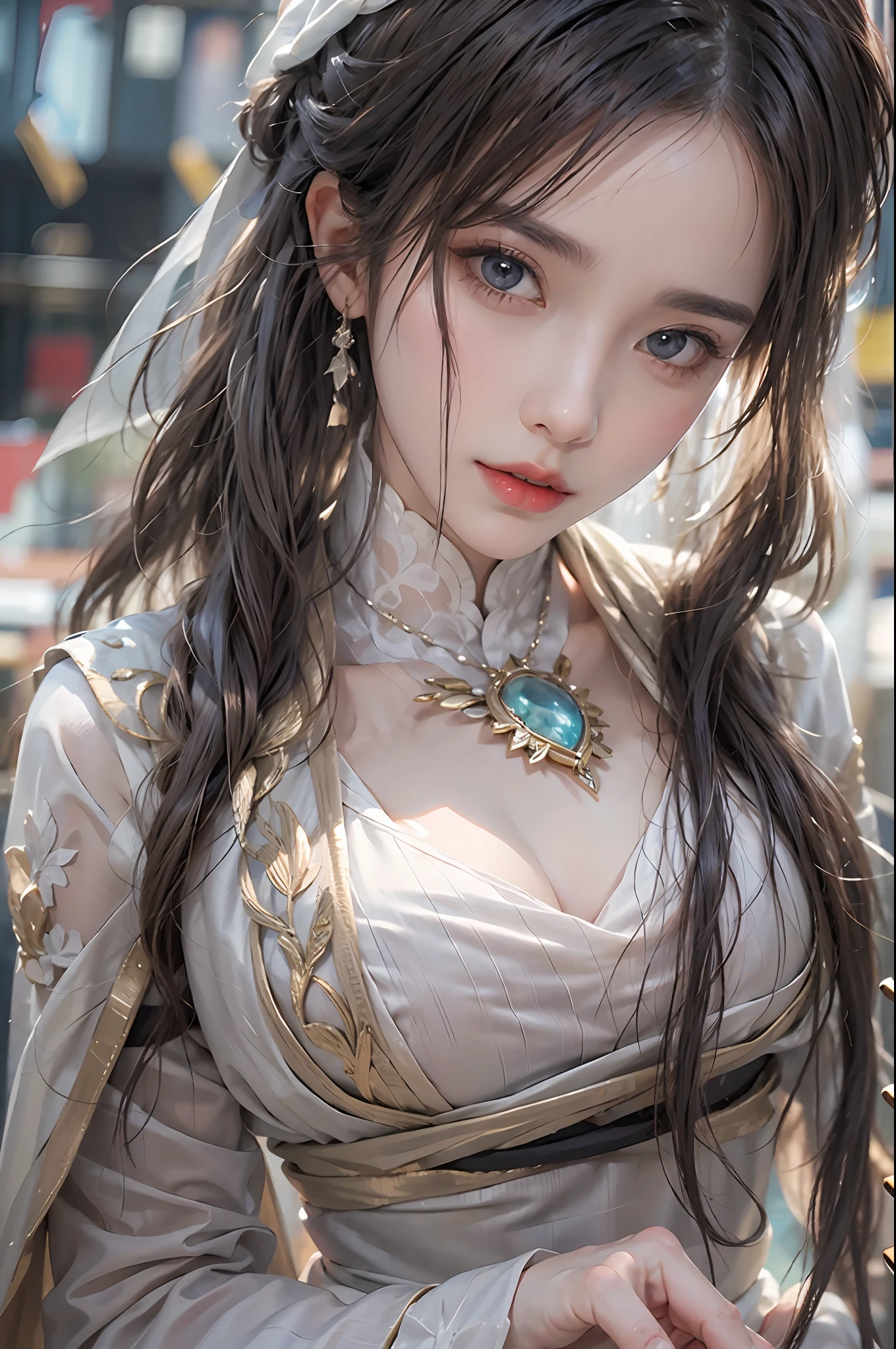 photorealistic, high resolution, 1 women, solo, hips_up, hips up, beautiful eyes, long hair, look at viewer, close lips, detailed face, long hair, NARAKA BLADEPOINT outfit, Robe of Annica Zai