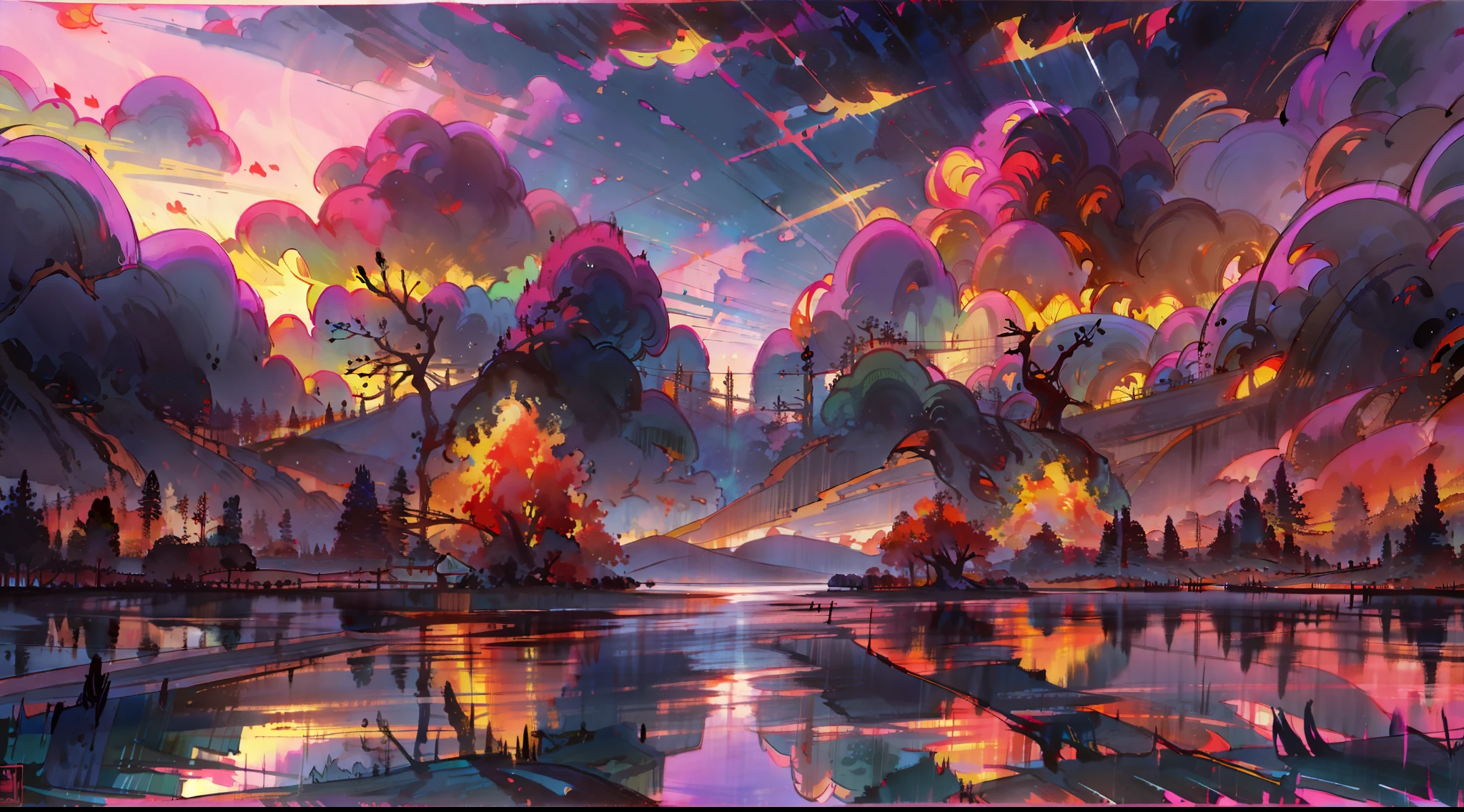 A masterpiece of surreal twilight views，Accompanied by colorful sunsets and fantastic sky reflections，Create a fiery beauty。The 8K picture shows colorful clouds suspended，The sunset is above the clouds，Create a surreal visual experience。