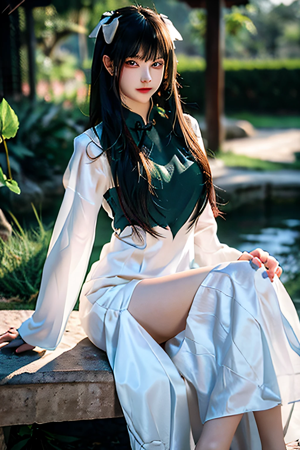 There is a girl in a green dress, plum blossoms, palaces, oriental architecture ray tracing, {best quality}, {{masterpiece}}, extremely detailed 8K wallpaper, {an extremely delicate and beautiful}, colorful, intricately detailed, Realistic, real, camera quality, (detailed depiction of clothes), cool white skin, (detailed depiction of blush), 1080p, sun, soft cuteness, smooth light silver hair, messy beauty, lighting, broken feeling, bright and silky skin , 3D stereoscopic, masterpiece, best quality, super fine illustration, beautiful eyes, very fine light, fine glow, very fine 8K CG wallpaper, peach eyes, red pupils, an extremely delicate and beautiful girl, 8k Wallpaper, best quality, full body close-up, white long dress, luxurious silky bright red chiffon floodlight (magic, glitter, ultra-thin, soft,) Hanfu