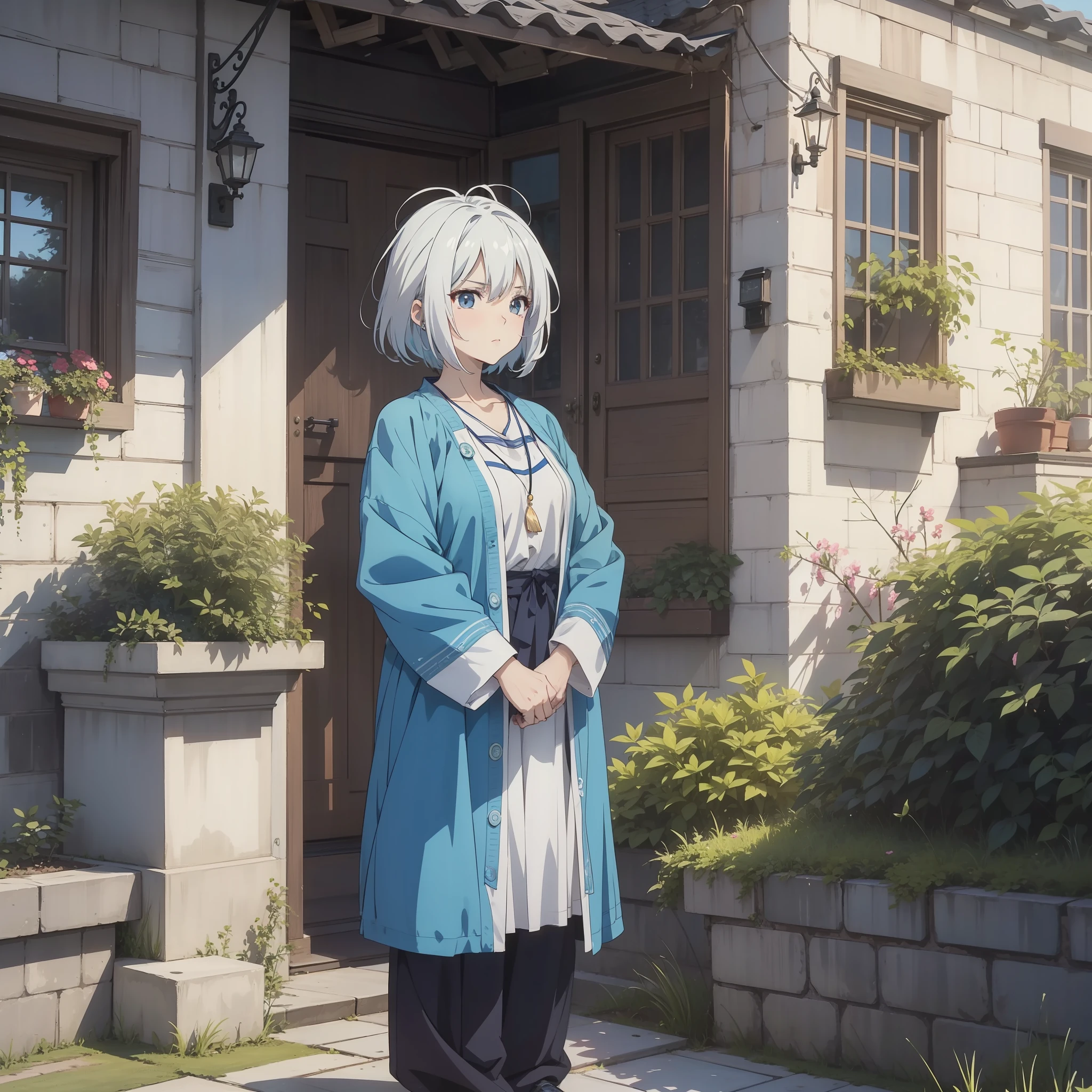 One pair wears blue tops，Elderly couple with white hair standing in the room（Serious expression 1.5）（The background is the yard of the house 1.5）style of anime4 K，Anime rendering，style of anime。8K，（Full body display 1.5）（Seniors 1.5）（Wrinkle 1.5）