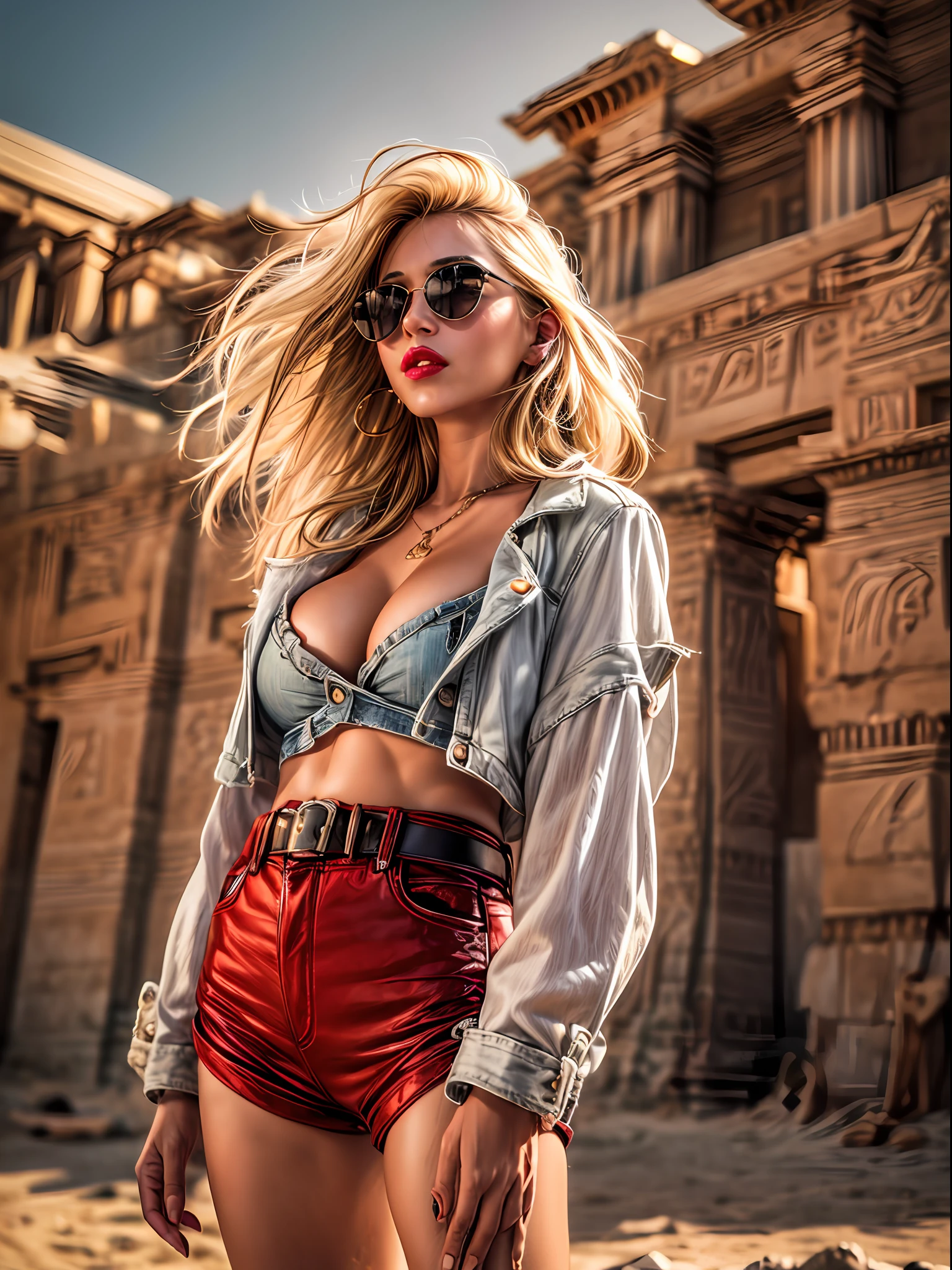 (best quality, masterpiece, 8K, photo-realistic:1.4), (blonde woman:1.3), (long flowing hair:1.2), (thick symmetrical eyebrows:1.3), wearing (Ray-Ban Aviator mirrored sunglasses:1.3), flawless complexion, (plump red lips:1.2), (intensely red lipstick:1.3), (ample bosom:1.3), (slim waist:1.2), (thick thighs:1.2), dressed in a tight-fitting, short, checkered button-down shirt, and (skin-tight denim shorts:1.3), standing amidst ancient Egyptian ruins in the desert city, (perfect lighting:1.2), (intricate details:1.4) in the background, (desert landscape:1.2), (majestic pyramids:1.1), (mysterious hieroglyphics:1.2), (soft desert sand:1.2), (candid shot:1.3), (vibrant colors:1.1), (enchanting atmosphere:1.1), Cinematic, Hyper-detailed, insane details, beautifully color graded, Super-Resolution, Megapixel, Cinematic Lightning, Post Processing, Post Production, Tone Mapping Insanely detailed and intricate, Hyper maximalist, Volumetric, Photorealistic, ultra photoreal, ultra-detailed, intricate details, 8K, Super detailed, Full color, Volumetric lightning, HDR, Sharp focus
Camera Model: Sony Alpha 7R IV
Lens: Sony FE 24-70mm f/2.8 GM