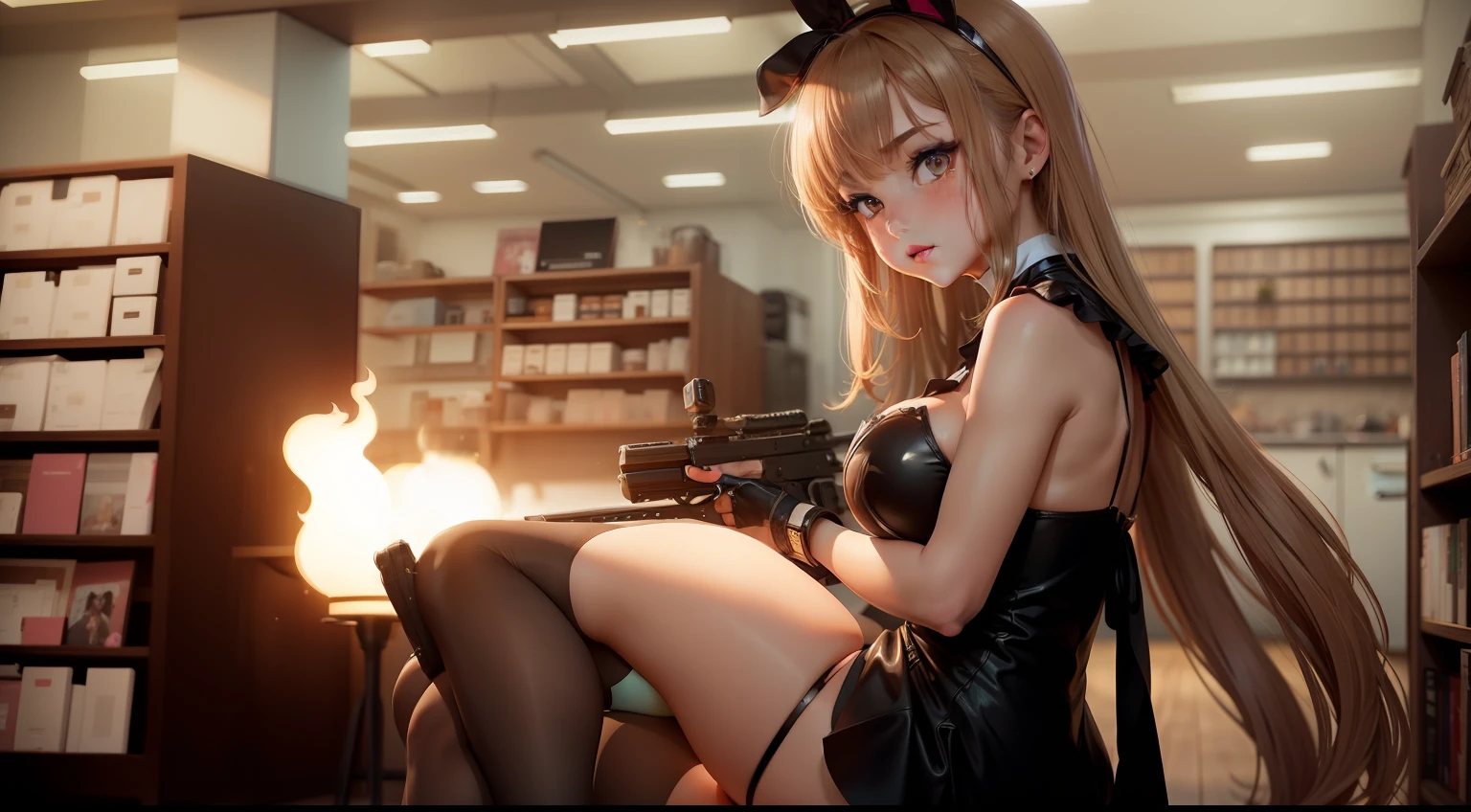 1girls, , Trikot,Playboy Bunny, Netzstrumpfhosen, braune haare, Anime Cute, blush, thick ass, , sexy, boobs shooter