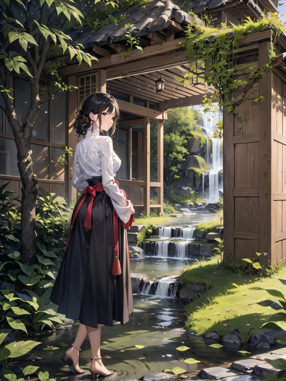 ，Masterpiece, Best quality，8K, 超高分辨率，（a beauti，Close-up），In an old courtyard，The stone bridge spans a clear stream。Green moss covers the stone bridge and the stone steps on both sides，It seems that the years are calm。A woman in period costume leans her back against a stone pillar，Holding an ancient book in his hand，Meditate。。Her black hair hung down like a waterfall，Flutter in the wind。The courtyard is wooded，Turquoise-colored leaves sparkle in the sun。The whole courtyard is filled with a peaceful and quaint atmosphere。