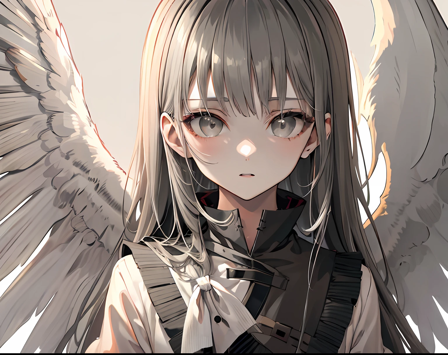 【Highest Quality, masutepiece】 [girl, Manteau, expressioness, Black eyes, front facing, Black hair, Walking, Upper body] (Gray white background:1.7), engel wings