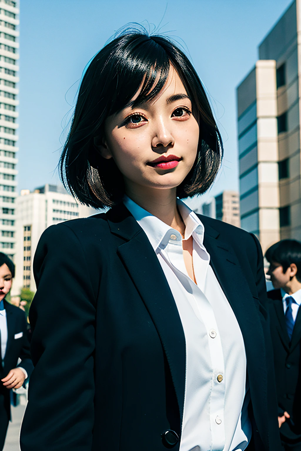 (RAW photo, best quality), (realistic, photo-realistic:1.2), 1 chinese girl,detailed sky, tokyo street, detailed eyes, shiny eyes, looking at viewer, (formal black suit:1.2), white shirt, short hair, floating hair