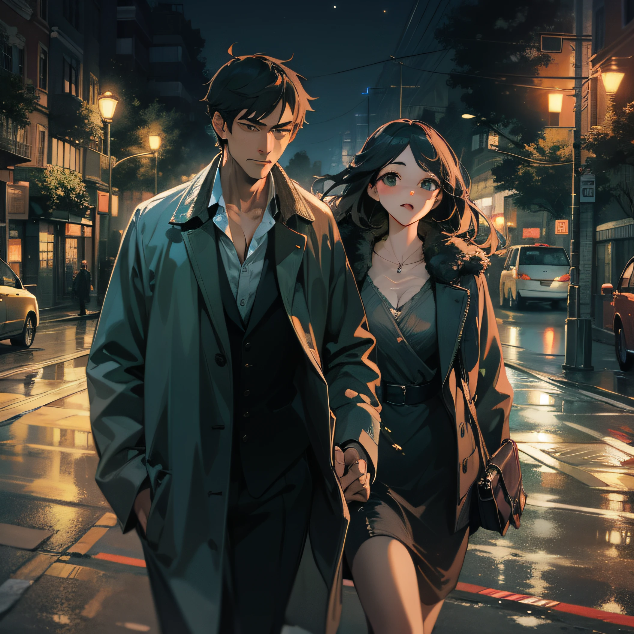 Man and woman walking together on the street at night、Beautiful fece、The face is well-formed