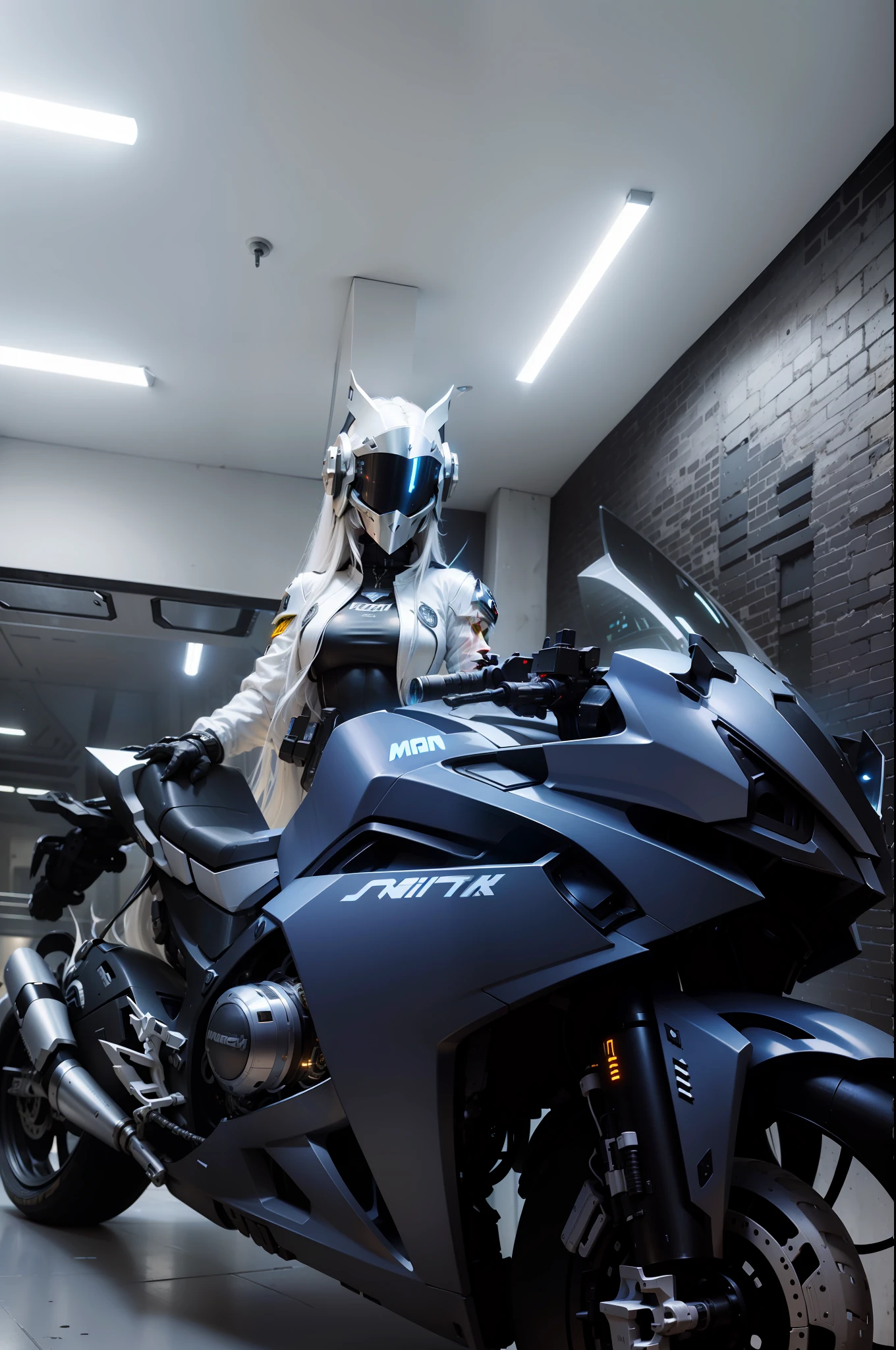 Sexy cyberpunk female knight with long white hair,long white hair,Black cyberpunk mech costume,High-tech white all-inclusive helmet,Biomechanicals, MSHN Robot Man,High-tech helmet,hyper realisitc, Steel, Complex design, insanely details, finely detailled, Extremely clear lines, cinmatic lighting, photograph realistic, A detailed masterpiece