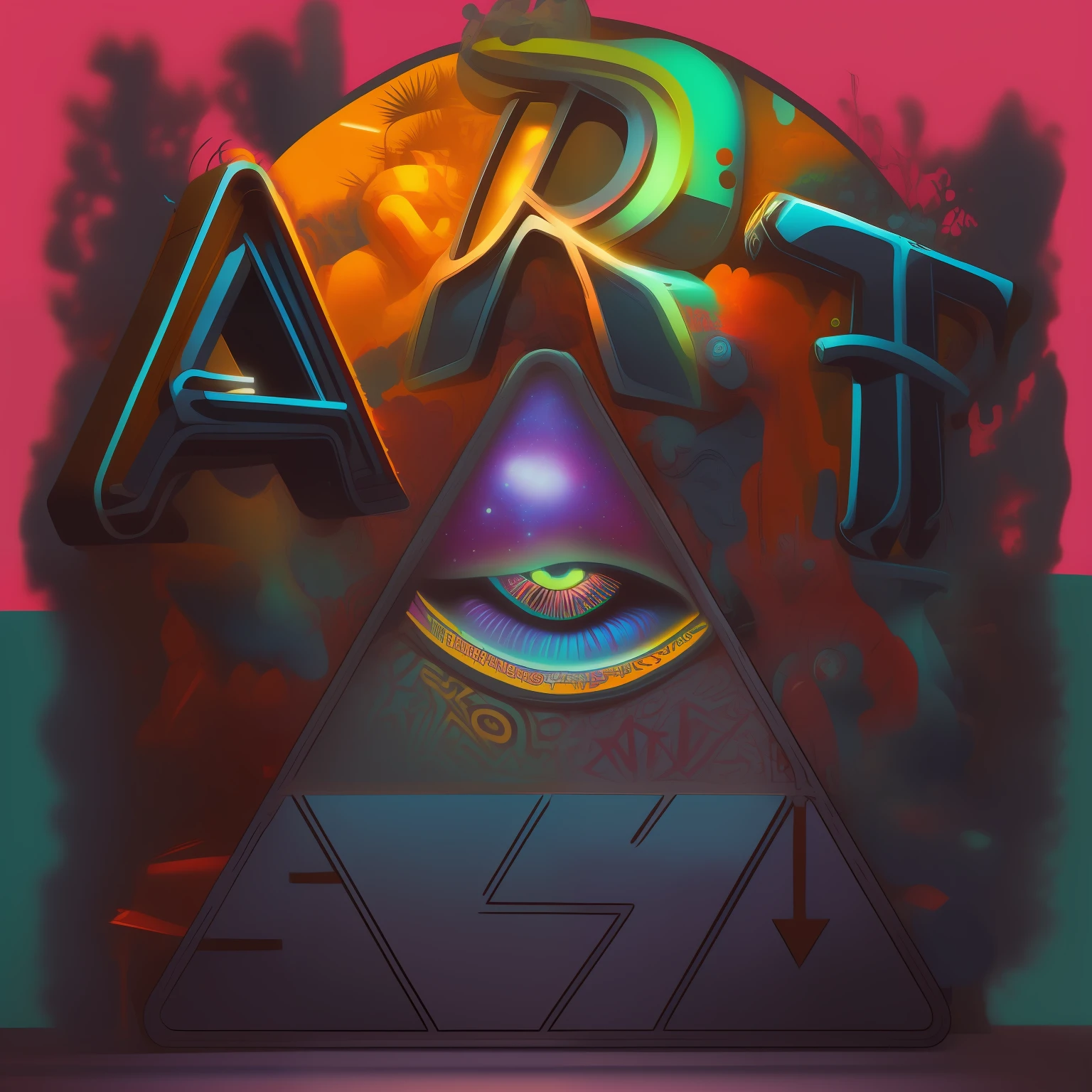 Illustration in psychedelic style, Featured graffiti and pixações, fundo colorido, ((highlighted details)), arte urbana, ((efeito de luz)), ambiente urbano, ((visual impressionante)), ((foco nítido)).