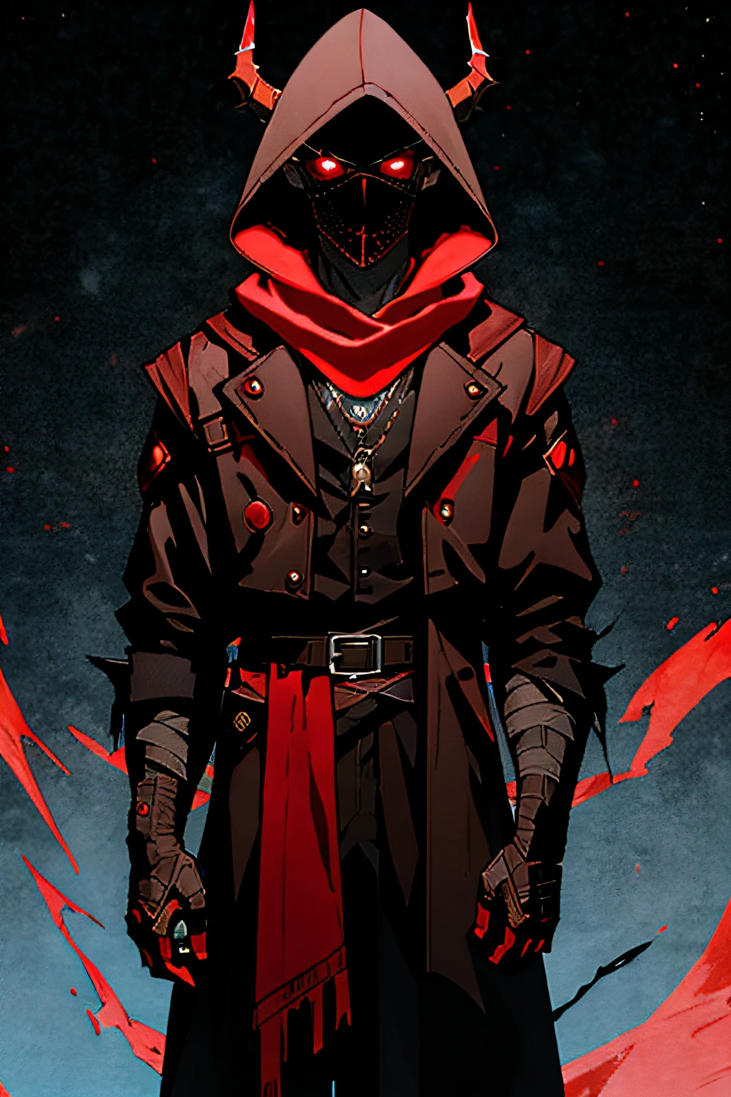 nijistyle, cowboy shot of demon hunter, hood up, faceless, glowing red eyes, torn brown coat, pauldrons, black vest, red scarf, bandages, pendant, fantasy, night, dark atmosphere