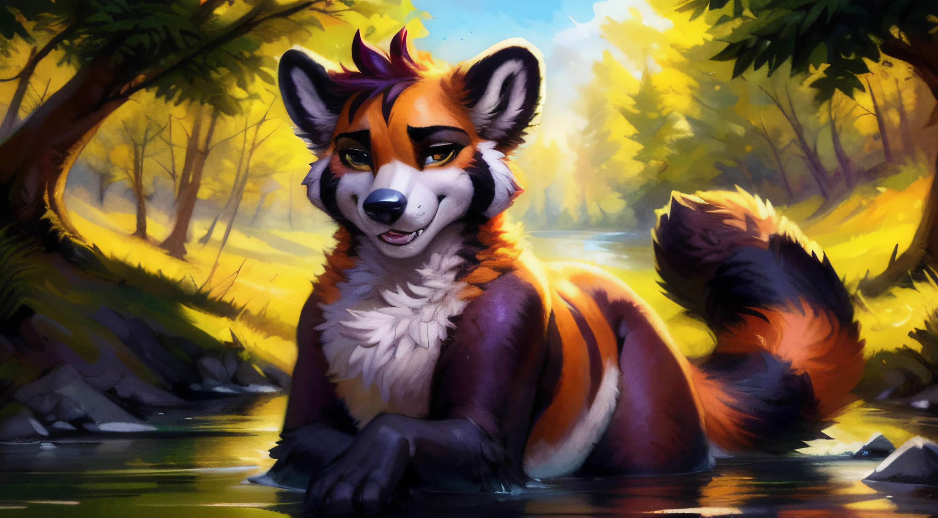 subido a e621, (por kenket, por Ross Tran, por Ruan Jia, por Foxovh) de un red-panda taur macho de ojos azules, ((colores naturales)), Fursona, (((mostrando el trasero con cola en alto))) Looking at the camera with a mischievous look, Open Invitation, mirada picara, ojos detallados, (In the middle of a forest with a river in the background), (detailed lighting), (cinematography lighting), [luz ambiental detallada], [Enfoque genital], peludo, ((sombra de medio cuerpo)), [luz ambiental en el vientre], [proporciones realistas], [explicit content], [foco nítido], (contenido cuestionable), (sombreado), ((obra maestra)), pene largo y grueso, pene erecto