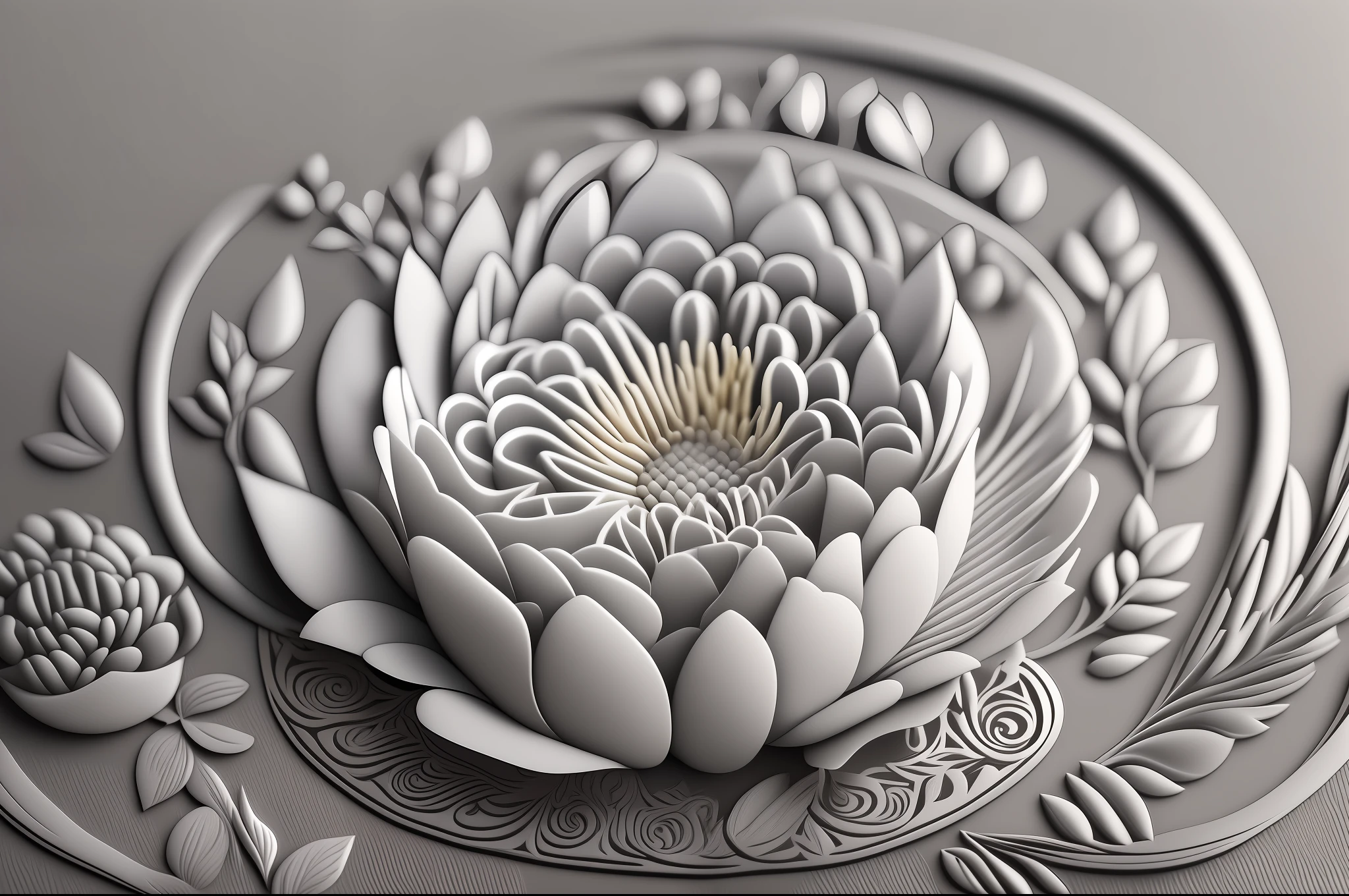 Produce an embossed effect image of a flower. The flowers should be rendered in high relief with intricate details, while the background should be sunken to create depth. The lighting should accentuate the embossed effect and glowing --auto --s2