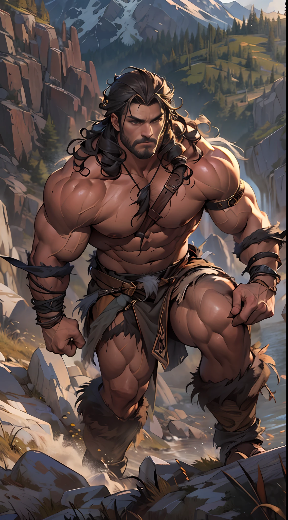 Muscular barbarian, upper body unclothed, legs uncovered from thighs to feet, flowing long curls, detailed muscular physique, lifelike representation, 4K resolution. Background: Wild untamed wilderness with rugged mountains,32k uhd, best quality, masterpiece, super detail, high details