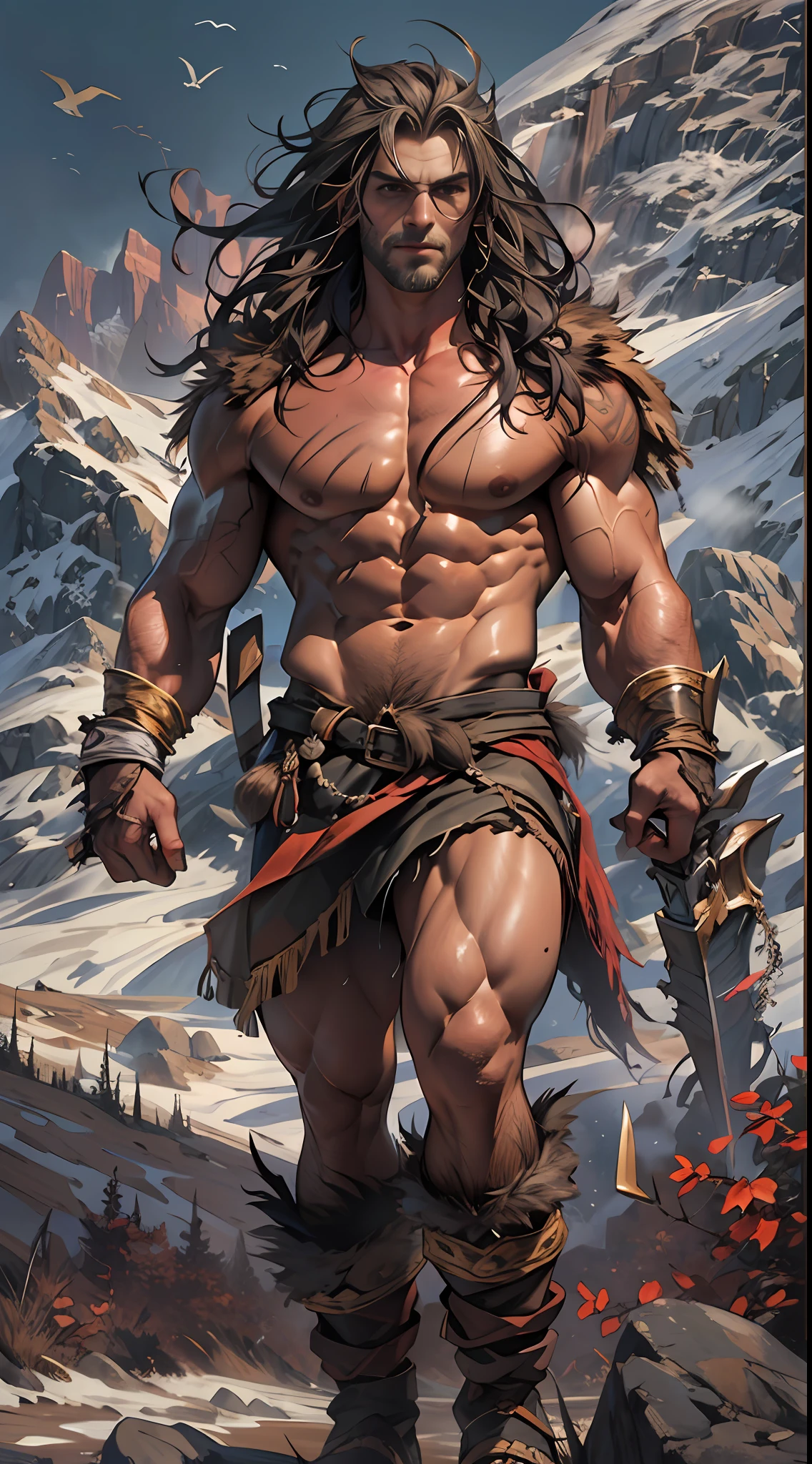 Muscular barbarian, upper body unclothed, legs uncovered from thighs to feet, flowing long curls, detailed muscular physique, lifelike representation, 4K resolution. Background: Wild untamed wilderness with rugged mountains,32k uhd, best quality, masterpiece, super detail, high details