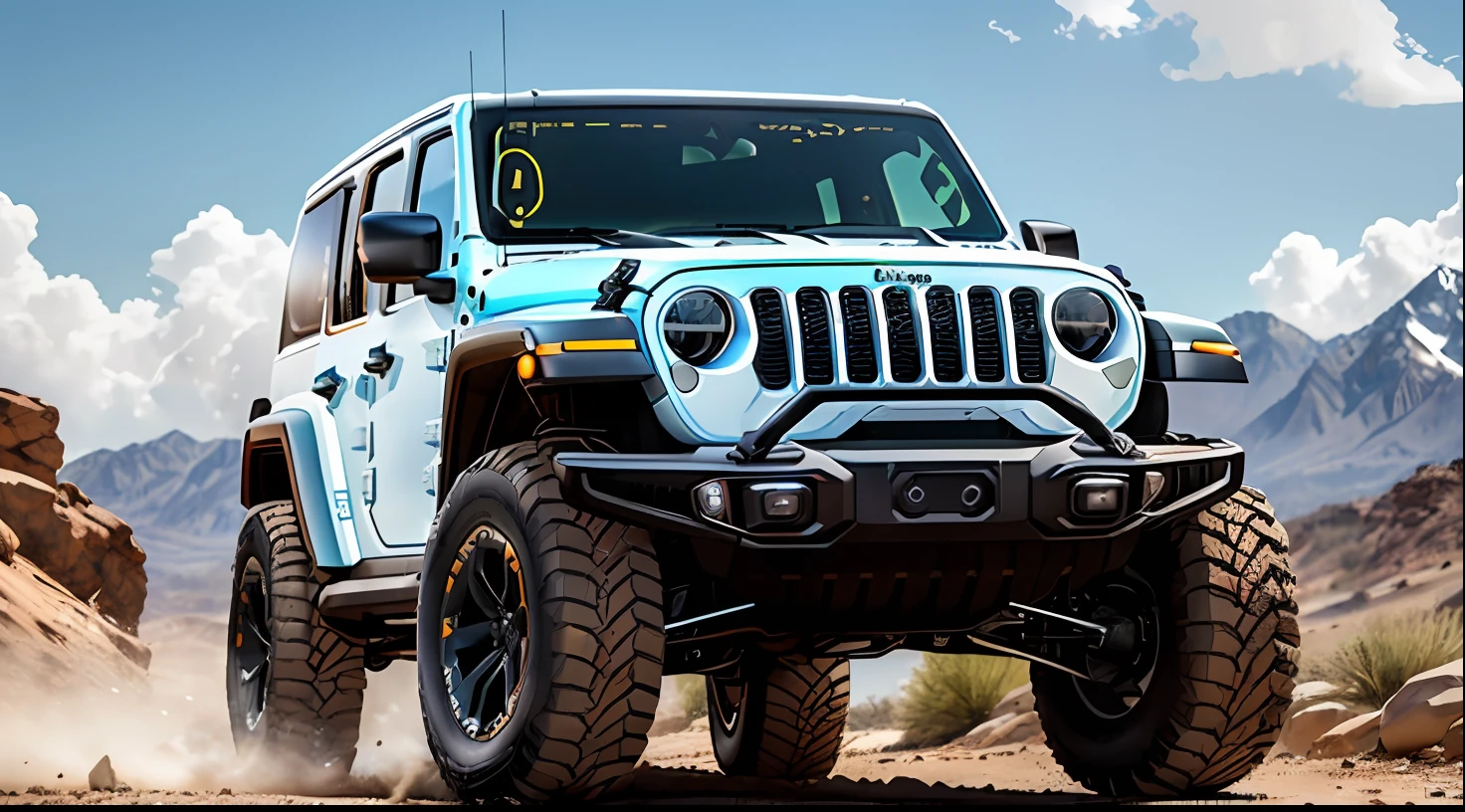 Um closeup de um, Jeep Wrangler Magneto 20 EV, com rack de teto, estribos nas laterais, Competition Accessories (( pneus grossos e altos)) rodas preta de off-road, quebra mato frontal((( Estilo militar))), trending on vehicle design, dominance, corpo inteiro, corpo inteiro, 4l, gm, desporto, 🕹️ 😎 🔫 🤖 🚬, Detalhe poderoso, Album art, new vehicle, extremamente intrincado, vehicle, Directed by: Karl Völker