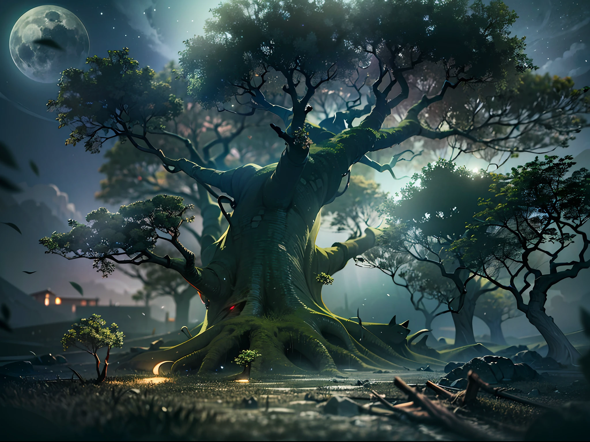 Look up，（Moon Night），（Oversized fantasy skeleton fortress：1.4），（（Skeleton Castle）），tree branch，Lots of branches，greenish tinge，green color，fog atmosphere，dark cloude，swirles，Mysterious and dark，blood vess，uncanny，fog atmosphere，dense fog，opaque，streamer，bblurry，Torn clouds，（（3 moons in three colors）），Clear and detailed image quality，Engaging shots，Soft lighting，Great details，Transparent starry sky，Unique architecture，Blinking lights，Active character actions，（best qualtiy：1.4），tmasterpiece，super-fine，A detailed，acurate，depth of fields ，absurderes、A high resolution、ultra - detailed，（Unattended：1.3），Break，Create an image using a prism effect，Light refracts and creates colorful、A kaleidoscopic look。 Break , design an image with fisheye lens effect，Capture a wide field of view with a unique curved perspective。 Break，，Dappled sunlight，Tranquil natural beauty。 Break , Depict a monochrome world，Use only black、White and gray shades to convey depth、Emotional and compelling visual impact。