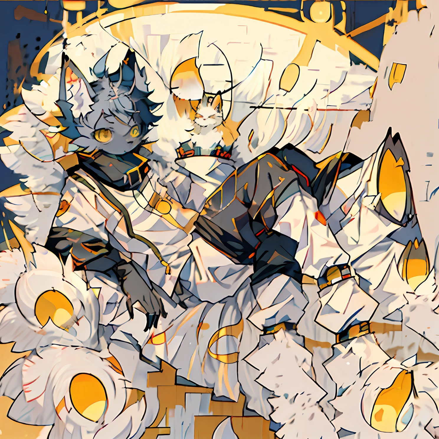 Anime character on bed with a cat on blue background, Detailed fanart, Digital art on Pisif , at pixiv, Pisif style, zerochan art, Highest rated on Pisif, very very beautiful furry art, Pisif Contest Champion, Pisif, From Arknights, anime abstract art, highly detailed exquisite fanart