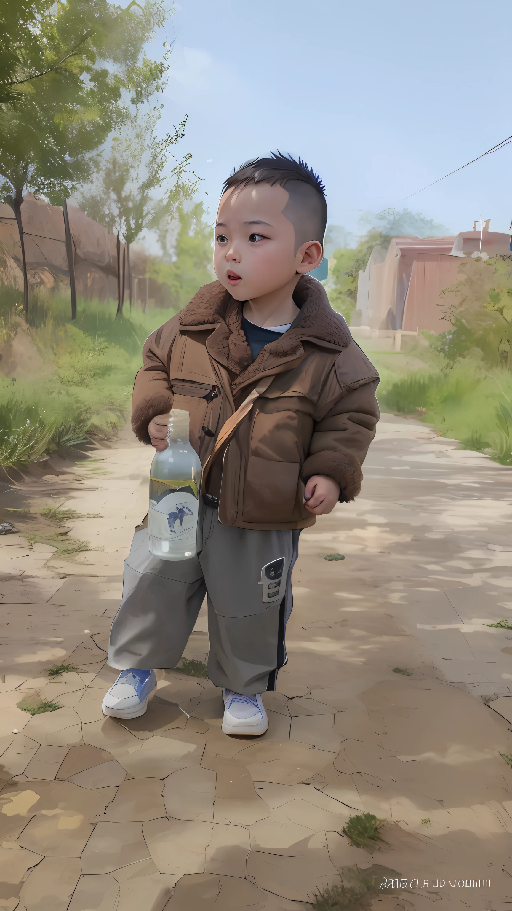 Alafed boy in brown jacket holding bottles and bags, yanjun cheng, jinyiwei, 2 , kid, yihaen, Inspired by Zou Yigui, child, inspiy Bian Jingzhao, zmonzheng, identical,