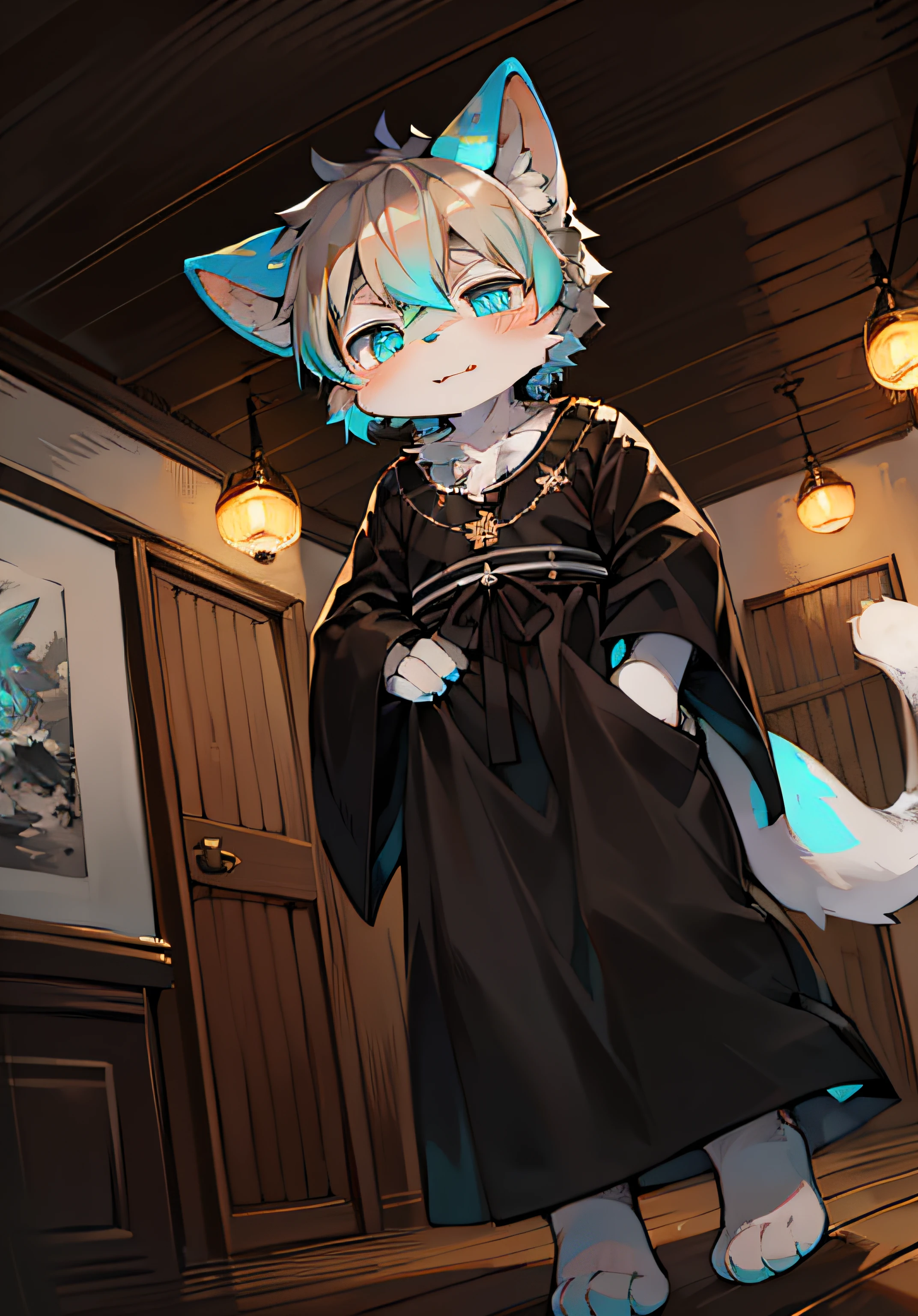 (ambiente dark:0.8),Masterpiece,High quality,abstract res,Digital painting\(artwork of a\), by Dagasi, Yupa,Kiyosan,(anthro,Fluffy fur,Character focus:1.1),anthro male cat,Short hair,Portrait , eyes with brightness, in a panoramic view, Character focus.(detailedbackground:0.7), 独奏, shaggy, shaggy male, malefocus, anthr,(Full Body Furry,, White fur, Cyan eyes, Gray hair:1.2), (Black tunic:1.2),(interiors、the night:1.1)( Fluffy tail)