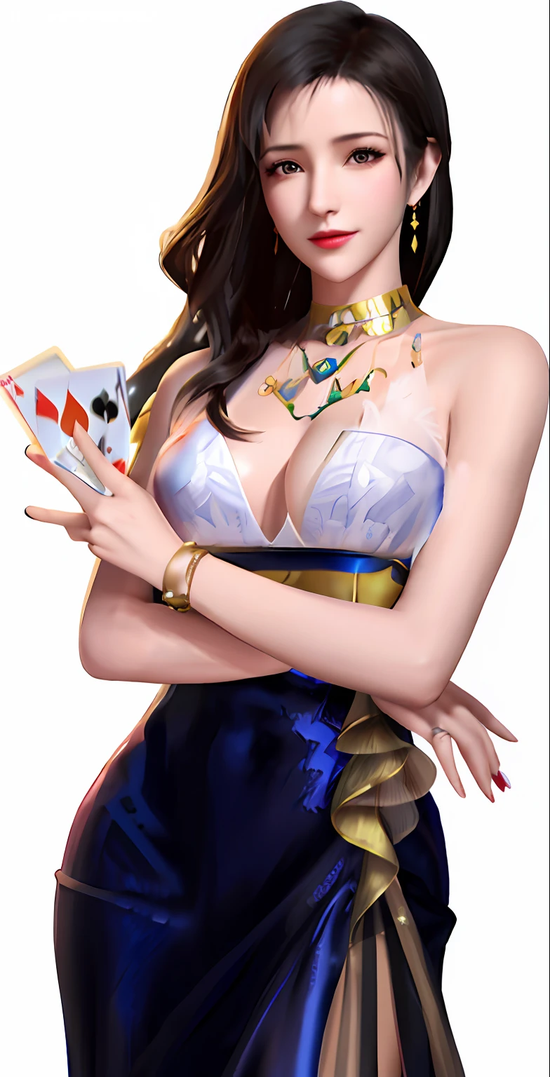 a woman in a blue dress holding a playing card, card art, poker card style, kda, casino, online casino logo, poker, female magician, gambling, card game illustration, waist up portrait, tifa lockhart portrait, portrait of tifa lockhart, royal elegant pose, extra detail, seductive tifa lockhart portrait, highdetailed, more details, tifa